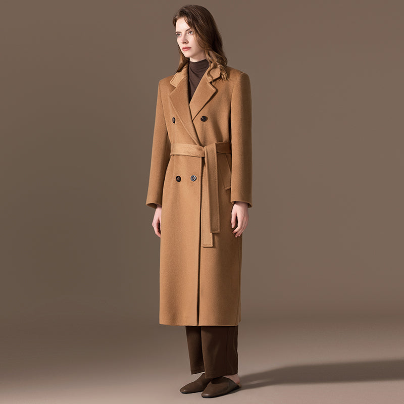 100% Cashmere Double-Breasted Horn-Button Long Coat