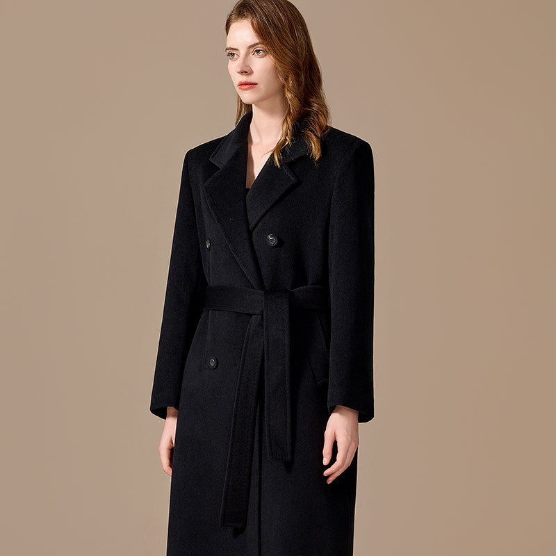 100% Cashmere Double-Breasted Horn-Button Long Coat