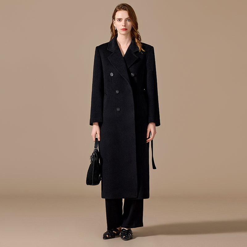 100% Cashmere Double-Breasted Horn-Button Long Coat