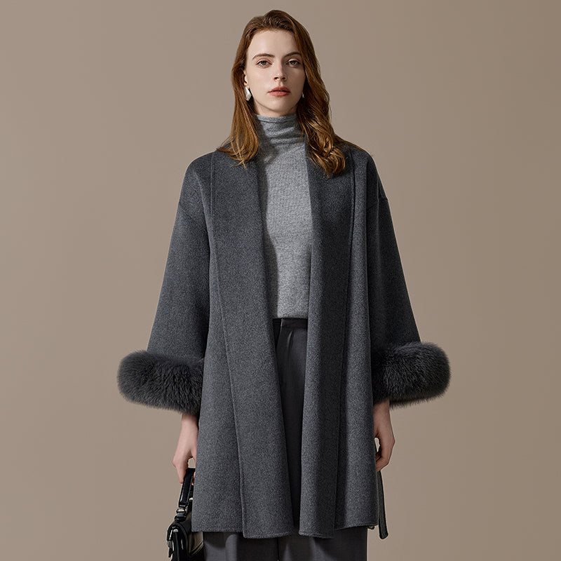100% Cashmere Mid-Length Coat with Fox-Fur Cuffs