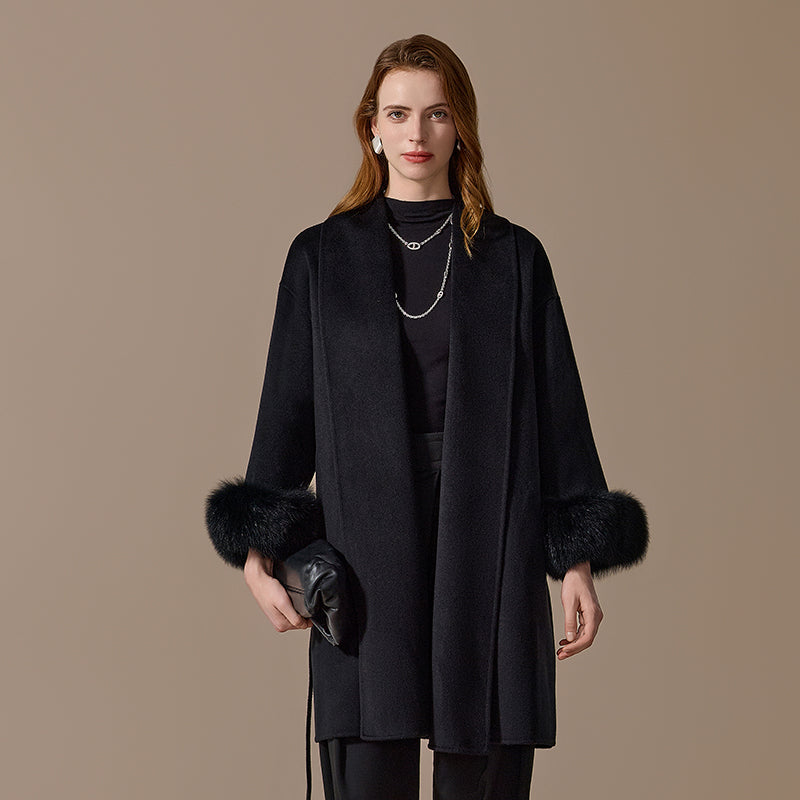 100% Cashmere Mid-Length Coat with Fox-Fur Cuffs
