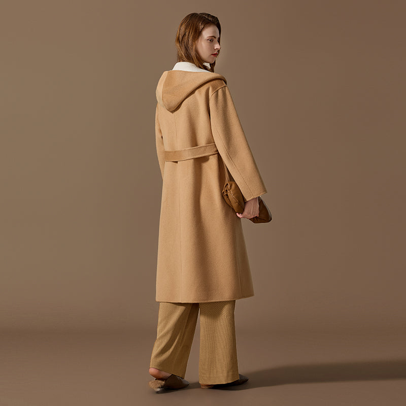 Women’s 100% Cashmere Reversible Hooded Belted Long Coat