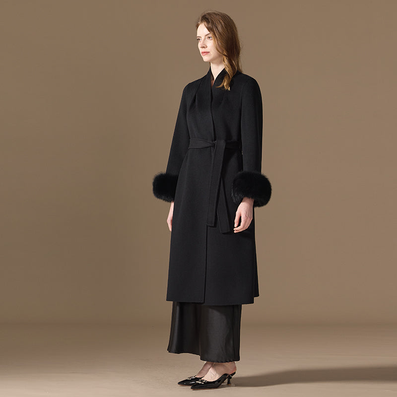 Women’s 100% Cashmere Belted Long Coat with Fox Fur Cuffs