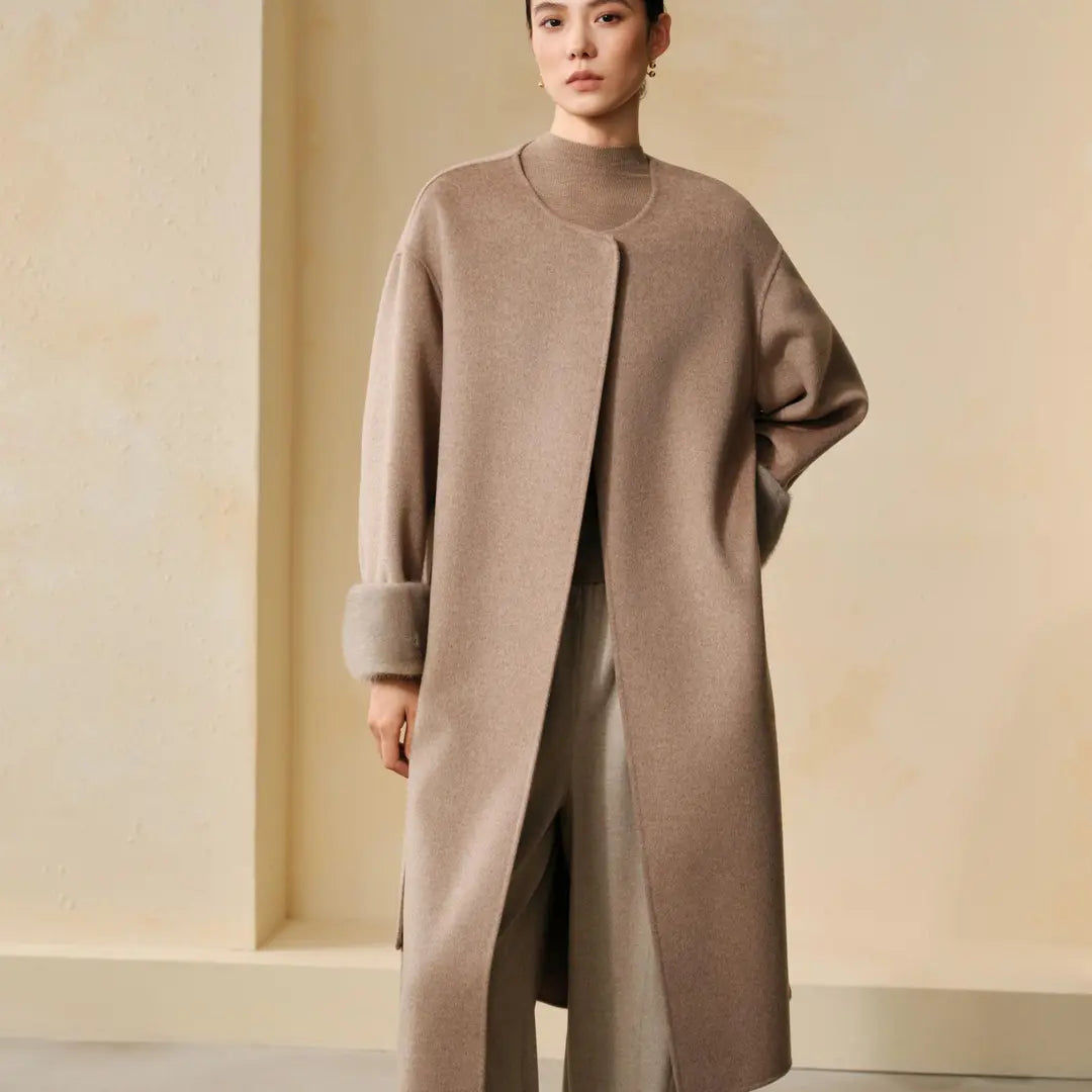 100% Cashmere Mink-Cuff Belted Long Coat