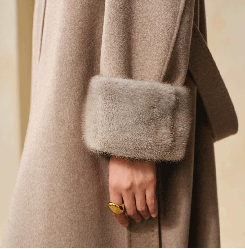 100% Cashmere Mink-Cuff Belted Long Coat