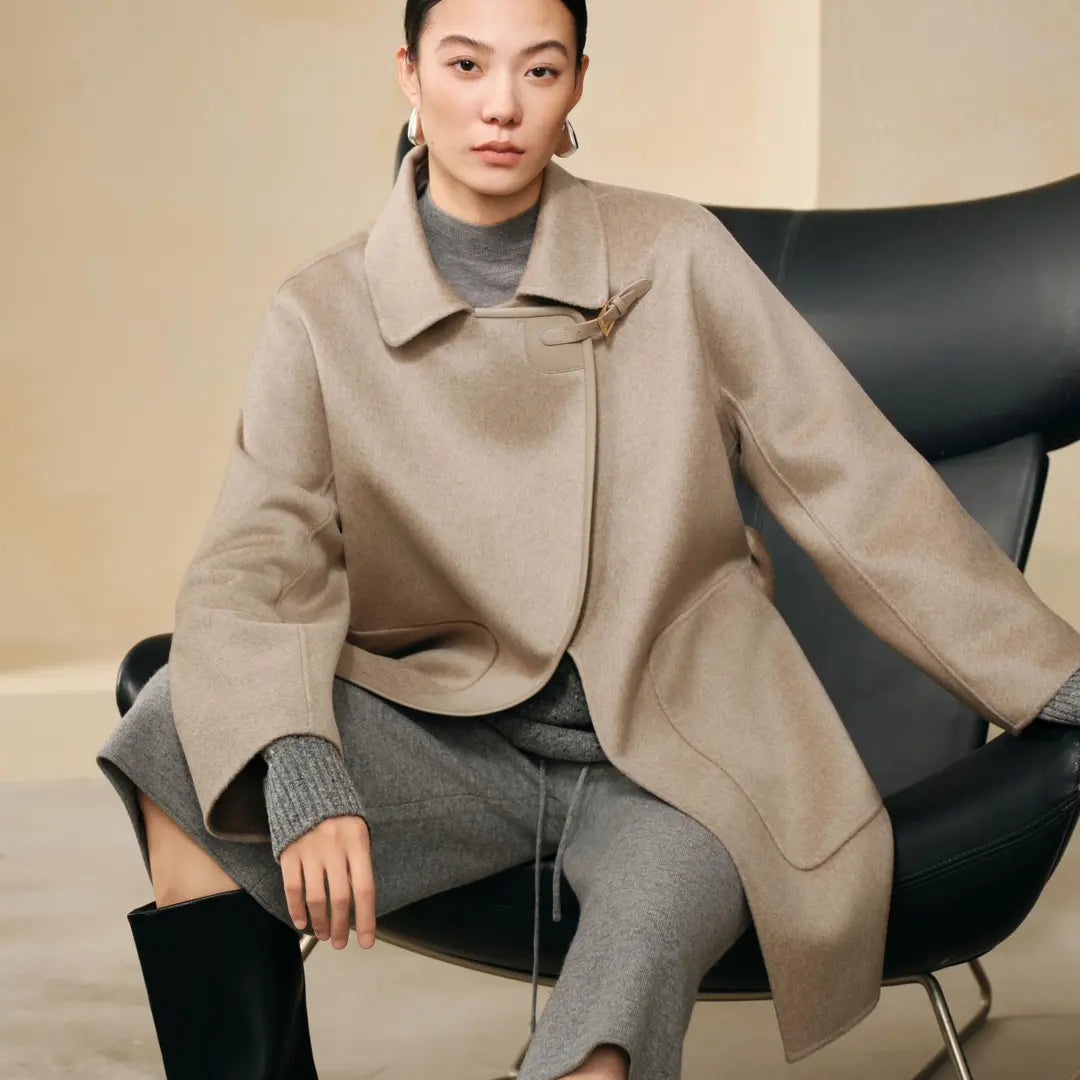 100% Cashmere Leather-Trim Belted Coat