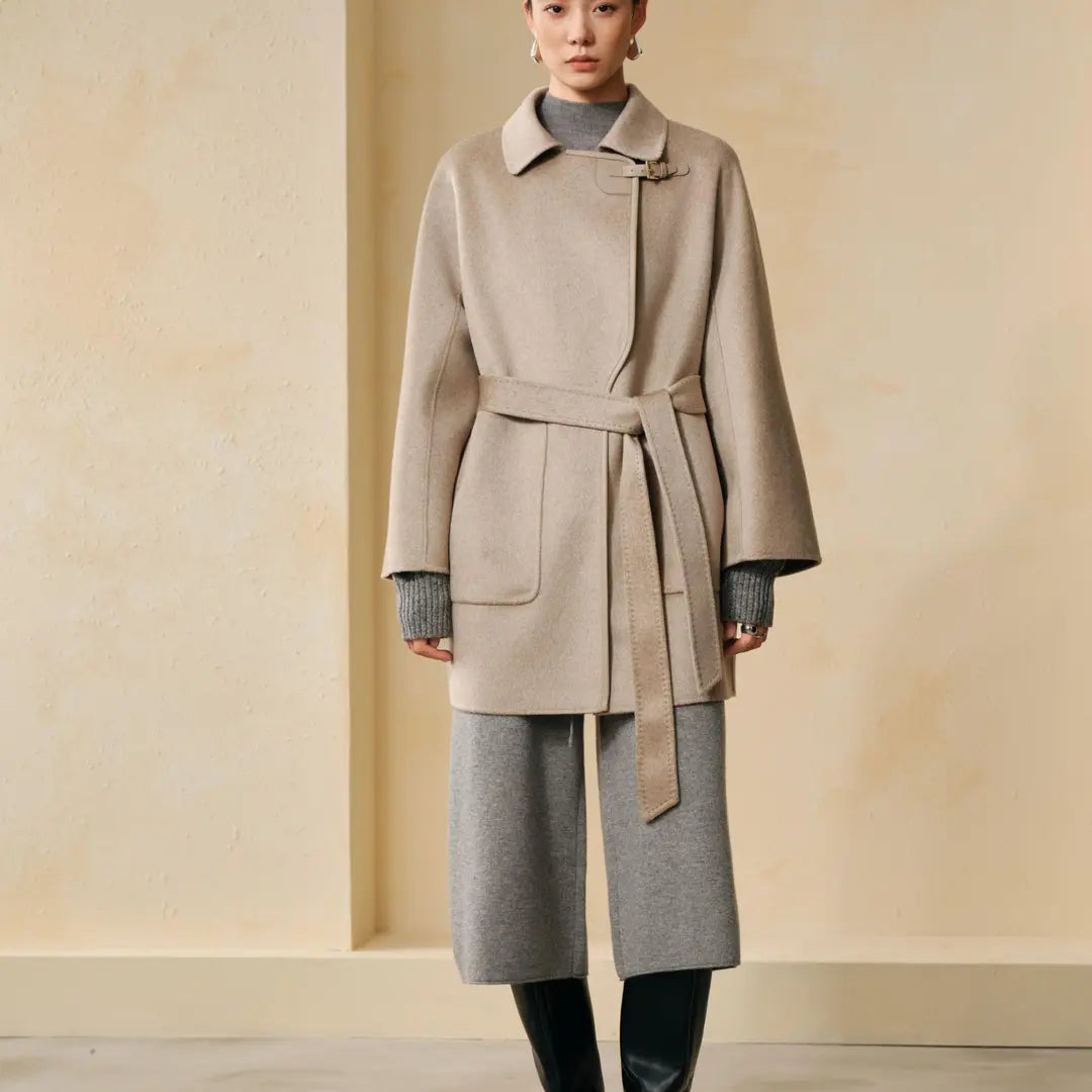 100% Cashmere Leather-Trim Belted Coat