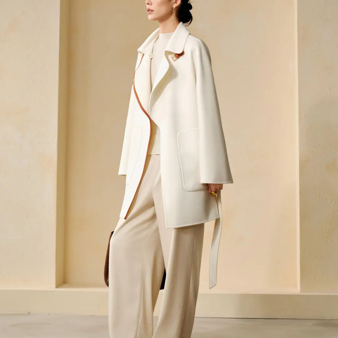 100% Cashmere Leather-Trim Belted Coat