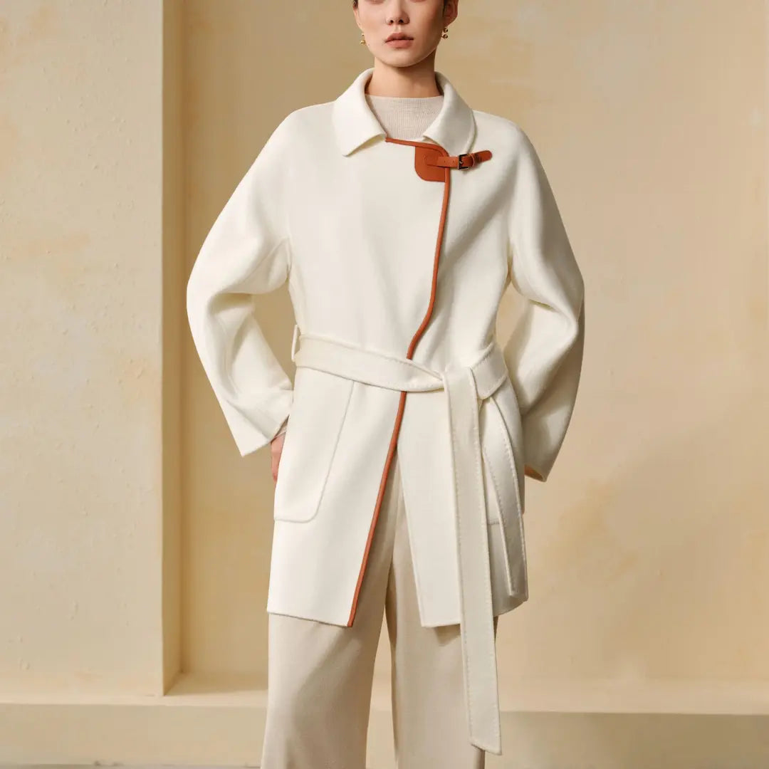100% Cashmere Leather-Trim Belted Coat