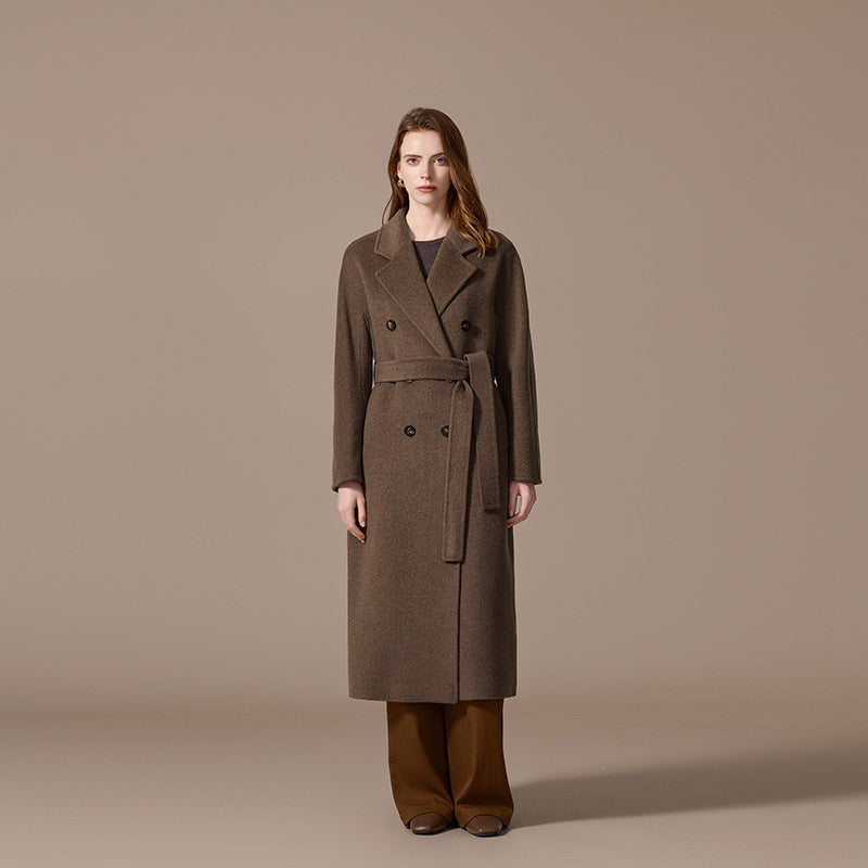 100% Cashmere Double-Breasted Belted Long Coat