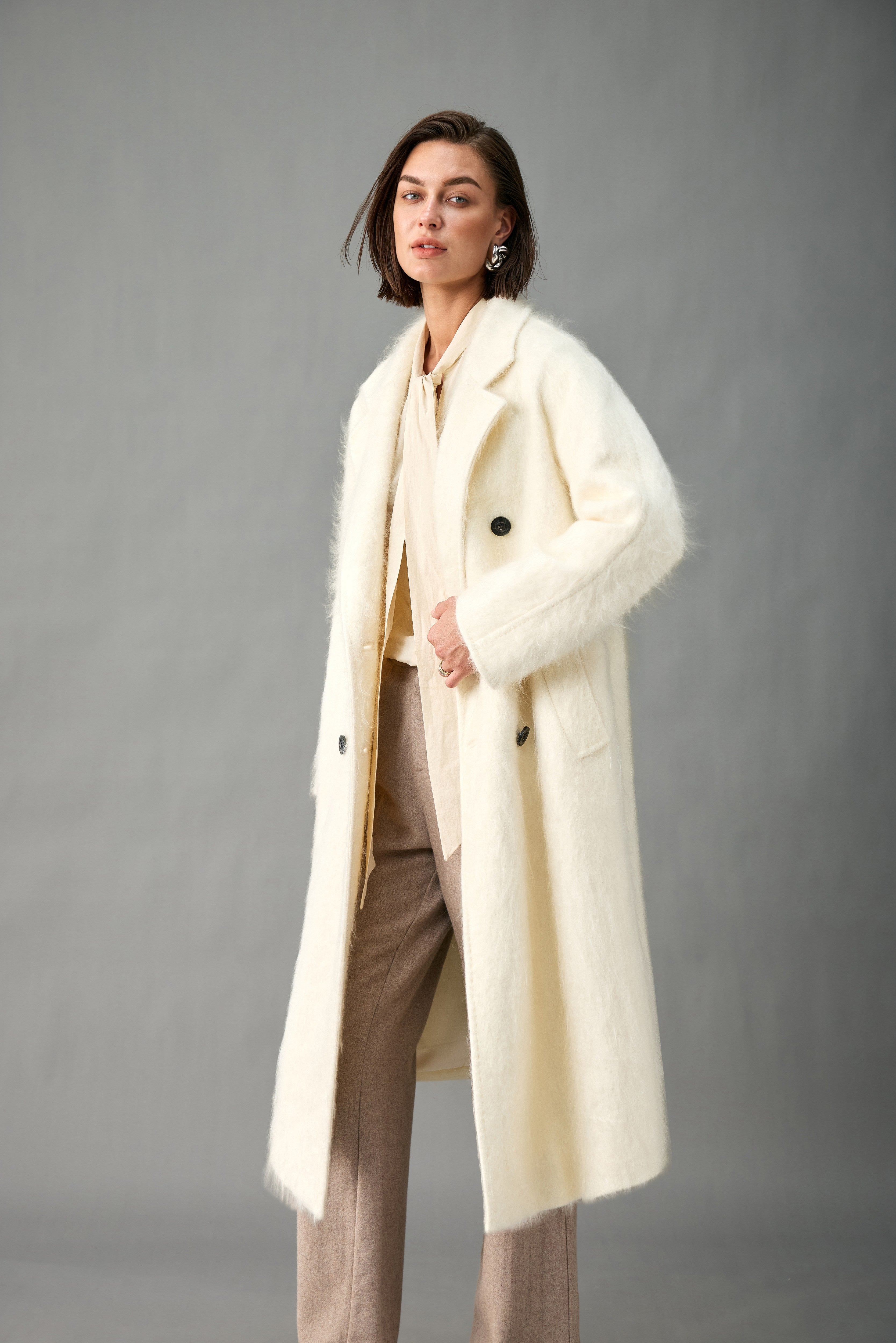 Evelluna Double-Breasted Brushed 100% Cashmere Long Coat
