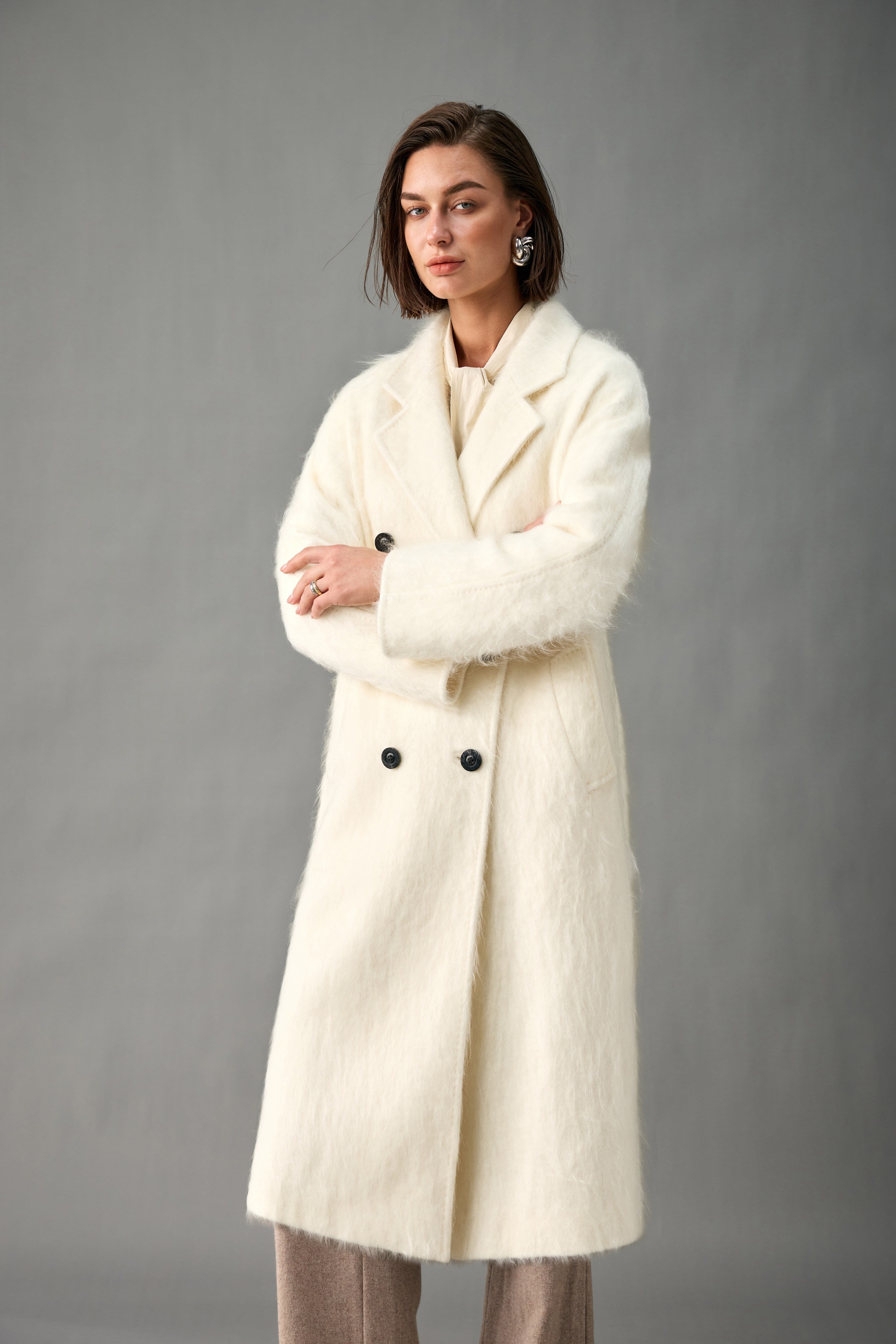 Evelluna Double-Breasted Brushed 100% Cashmere Long Coat
