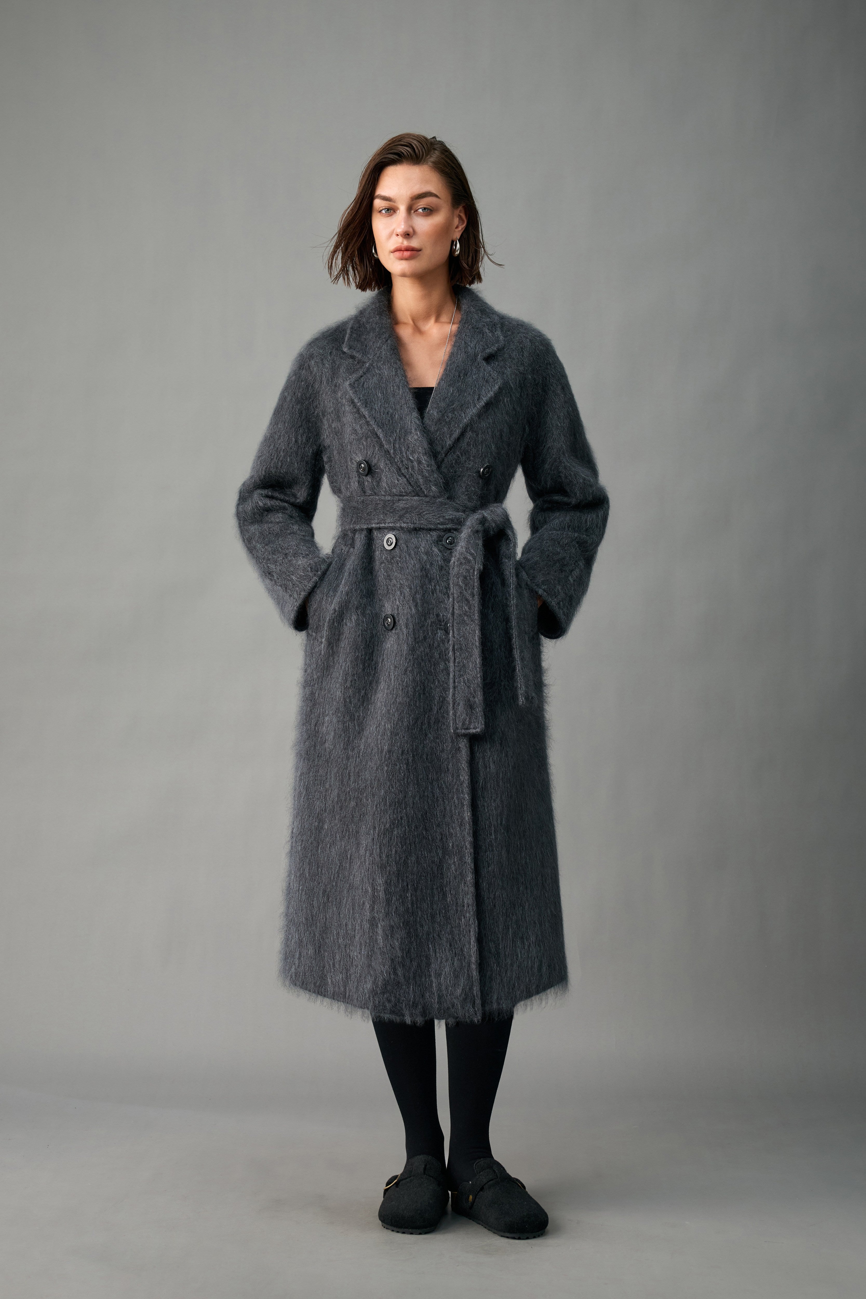 Evelluna Double-Breasted Brushed 100% Cashmere Long Coat