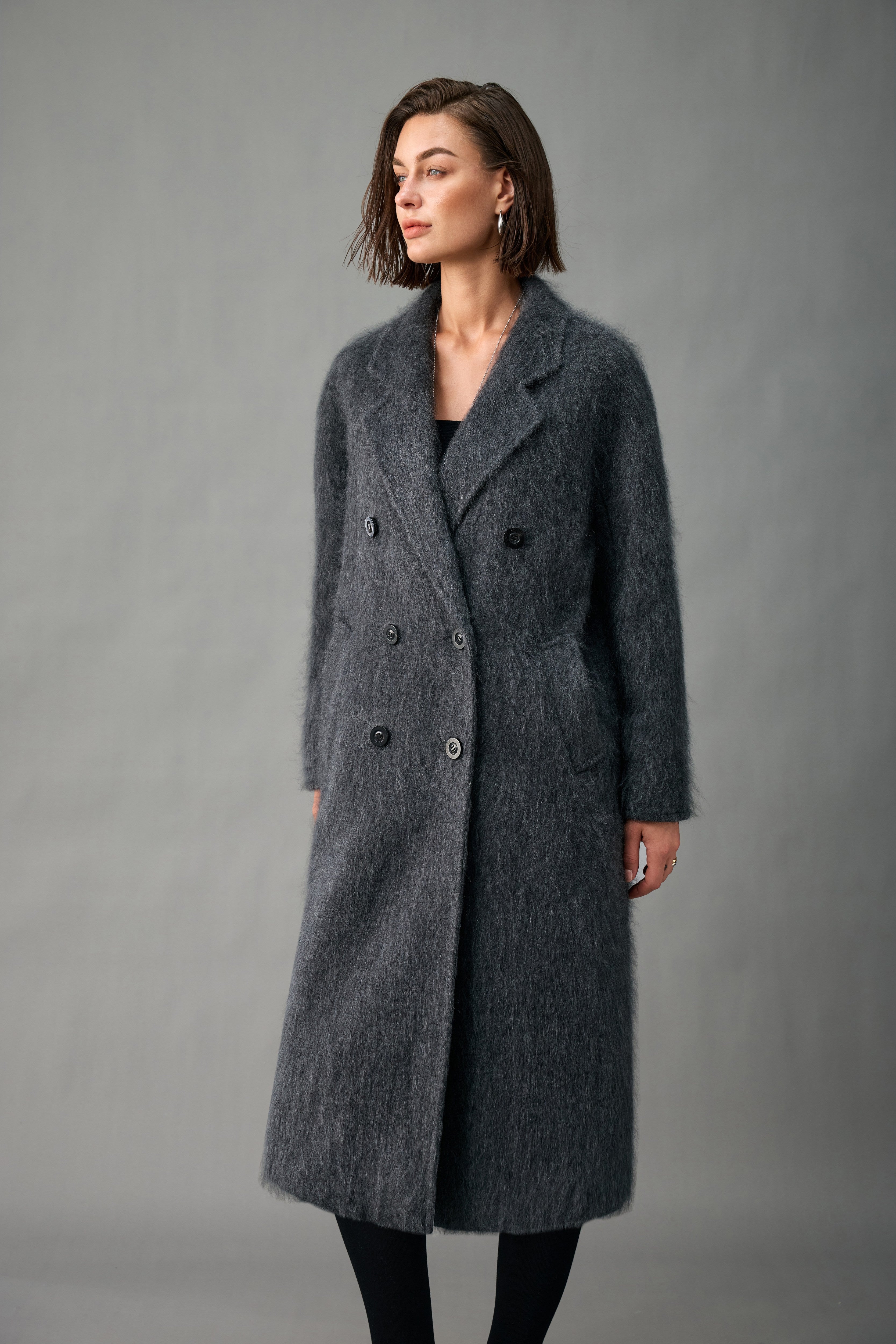 Evelluna Double-Breasted Brushed 100% Cashmere Long Coat