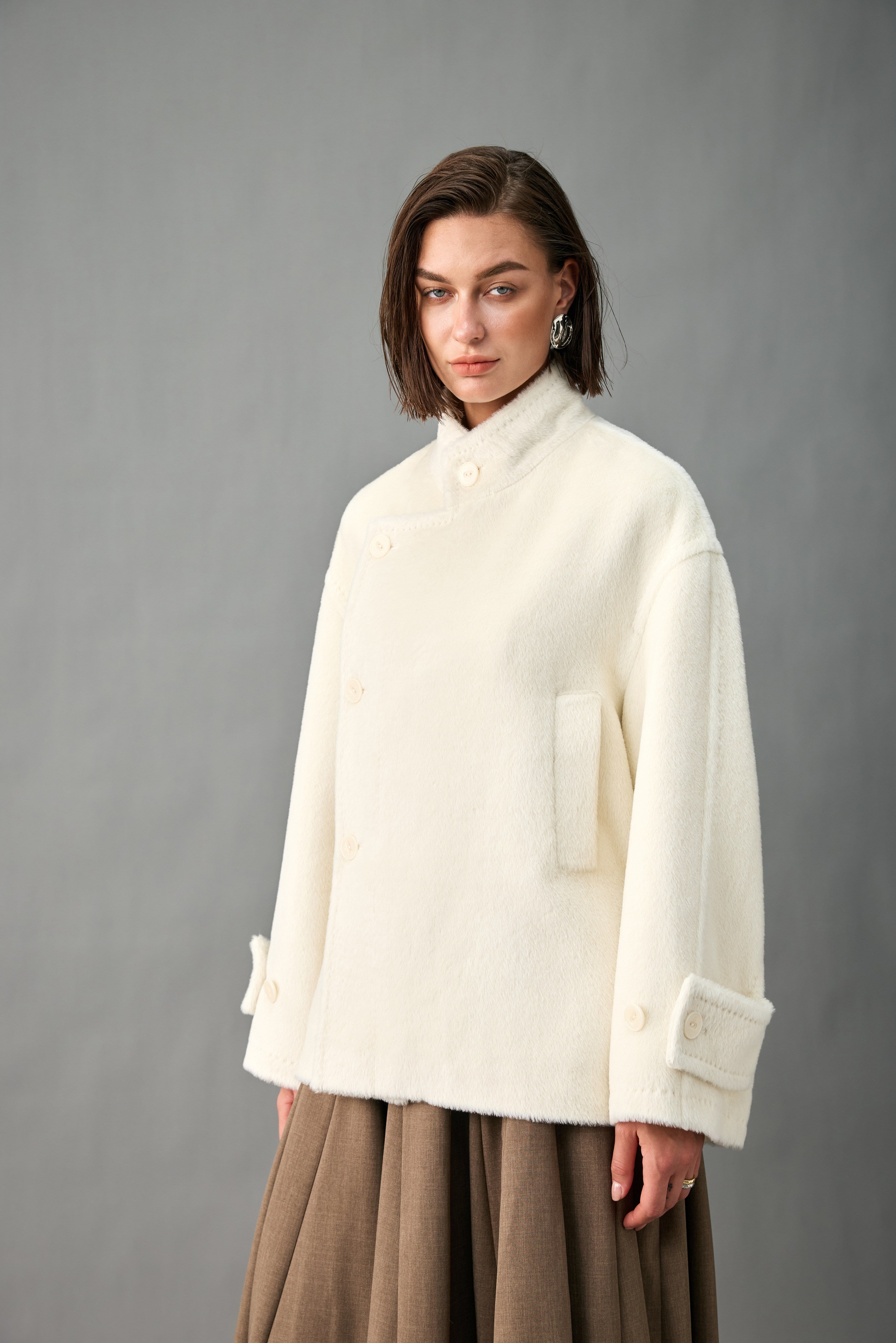 Evelluna Asymmetric Belted Alpaca Blend Short Coat