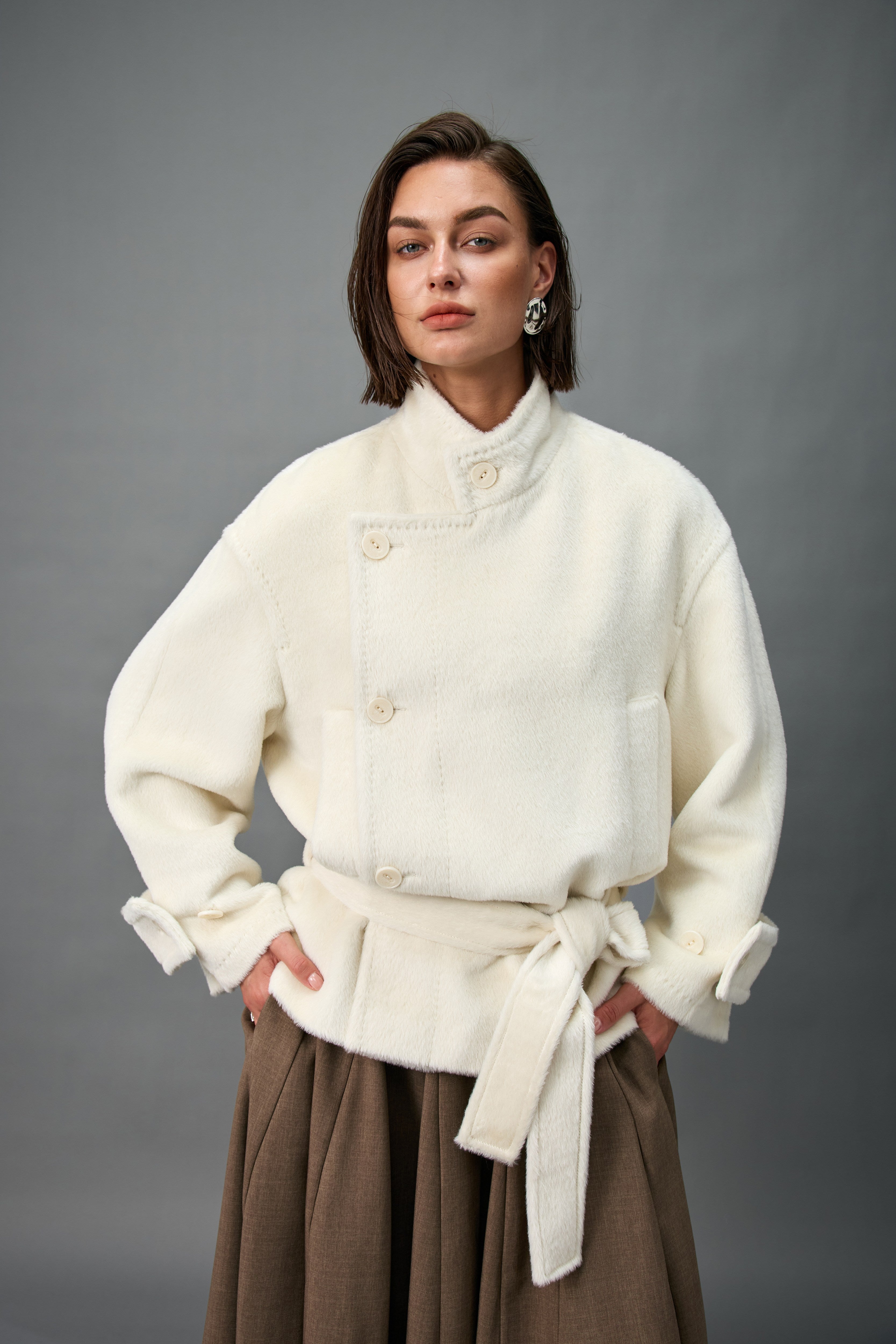 Evelluna Asymmetric Belted Alpaca Blend Short Coat