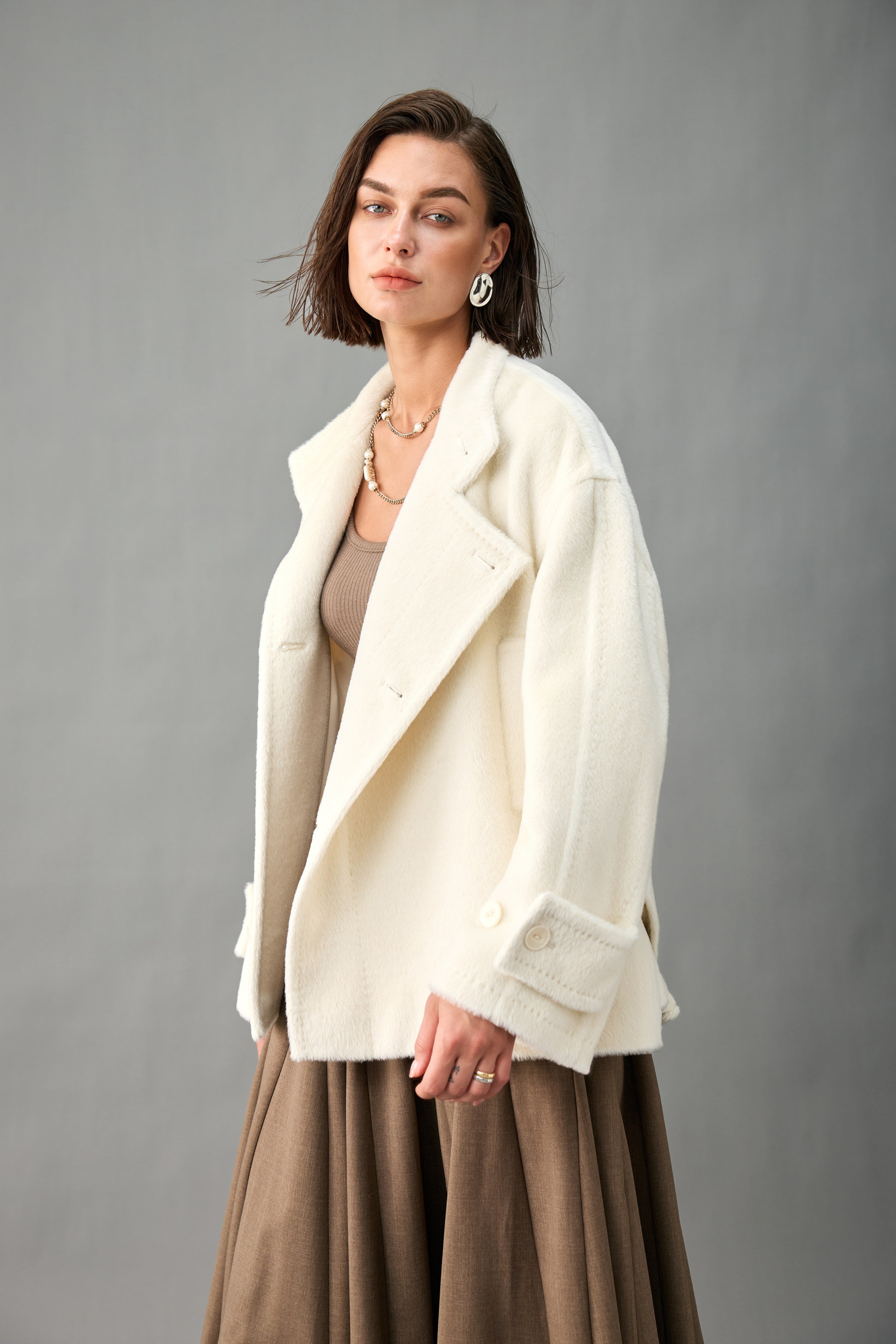 Evelluna Asymmetric Belted Alpaca Blend Short Coat