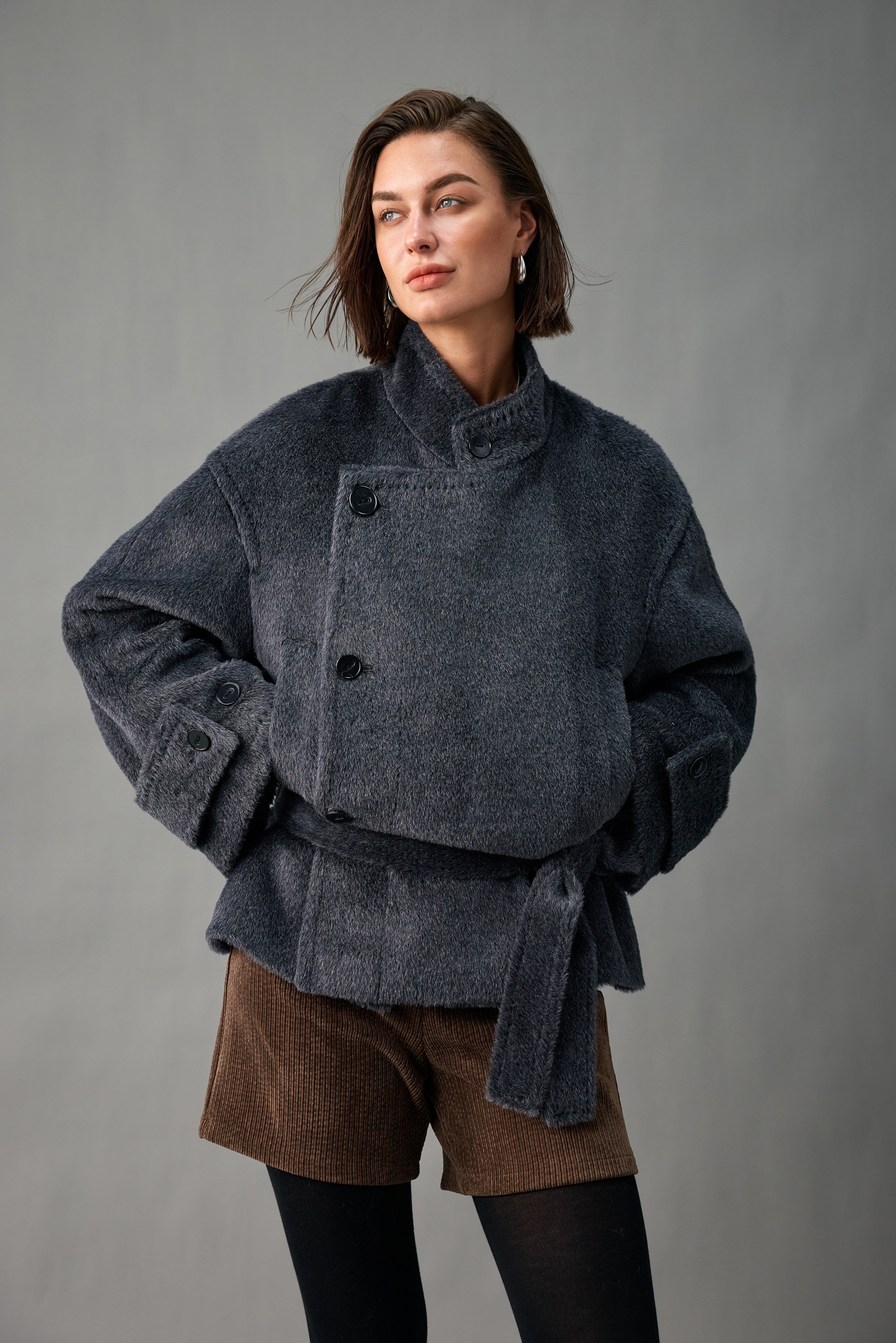 Evelluna Asymmetric Belted Alpaca Blend Short Coat