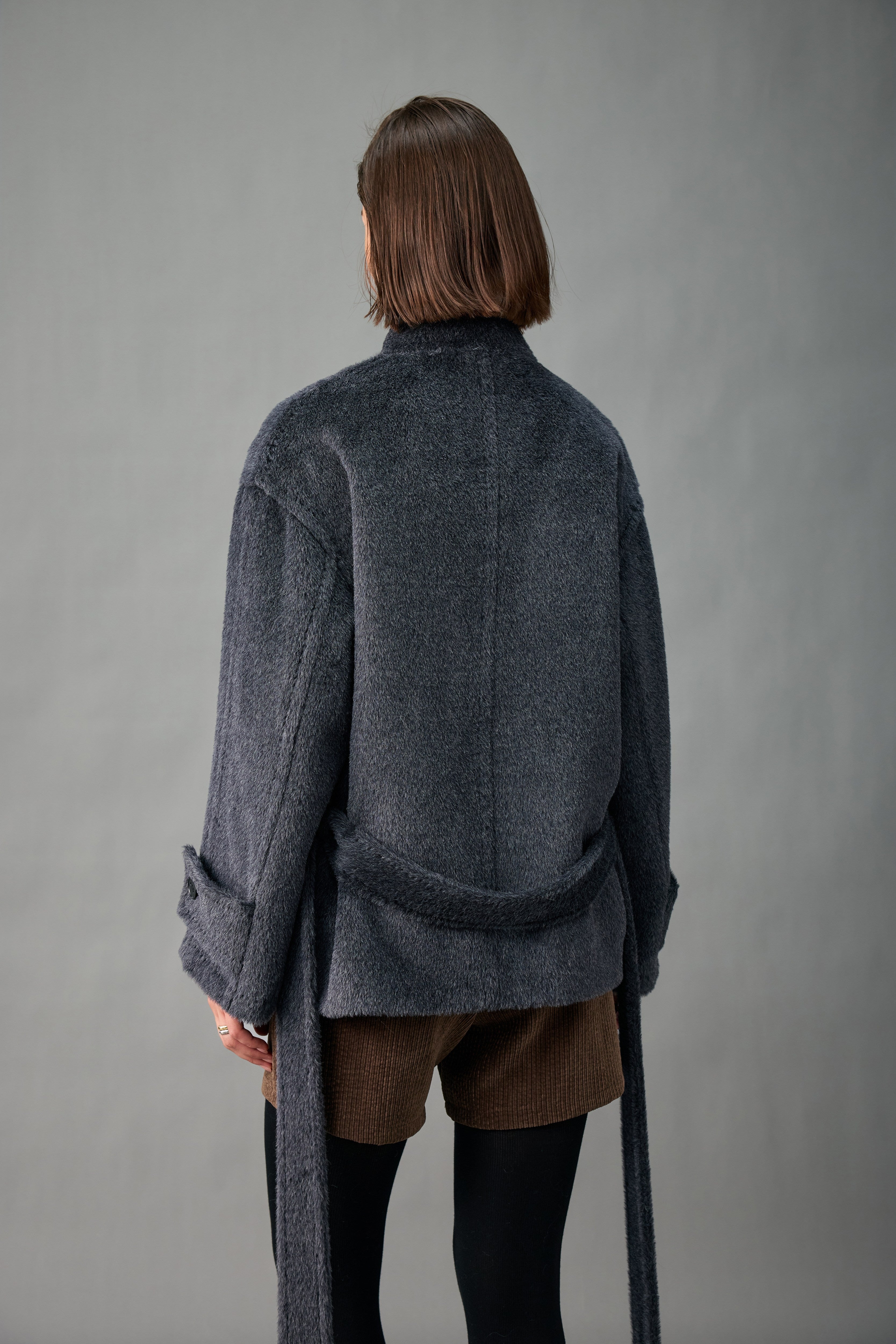 Evelluna Asymmetric Belted Alpaca Blend Short Coat