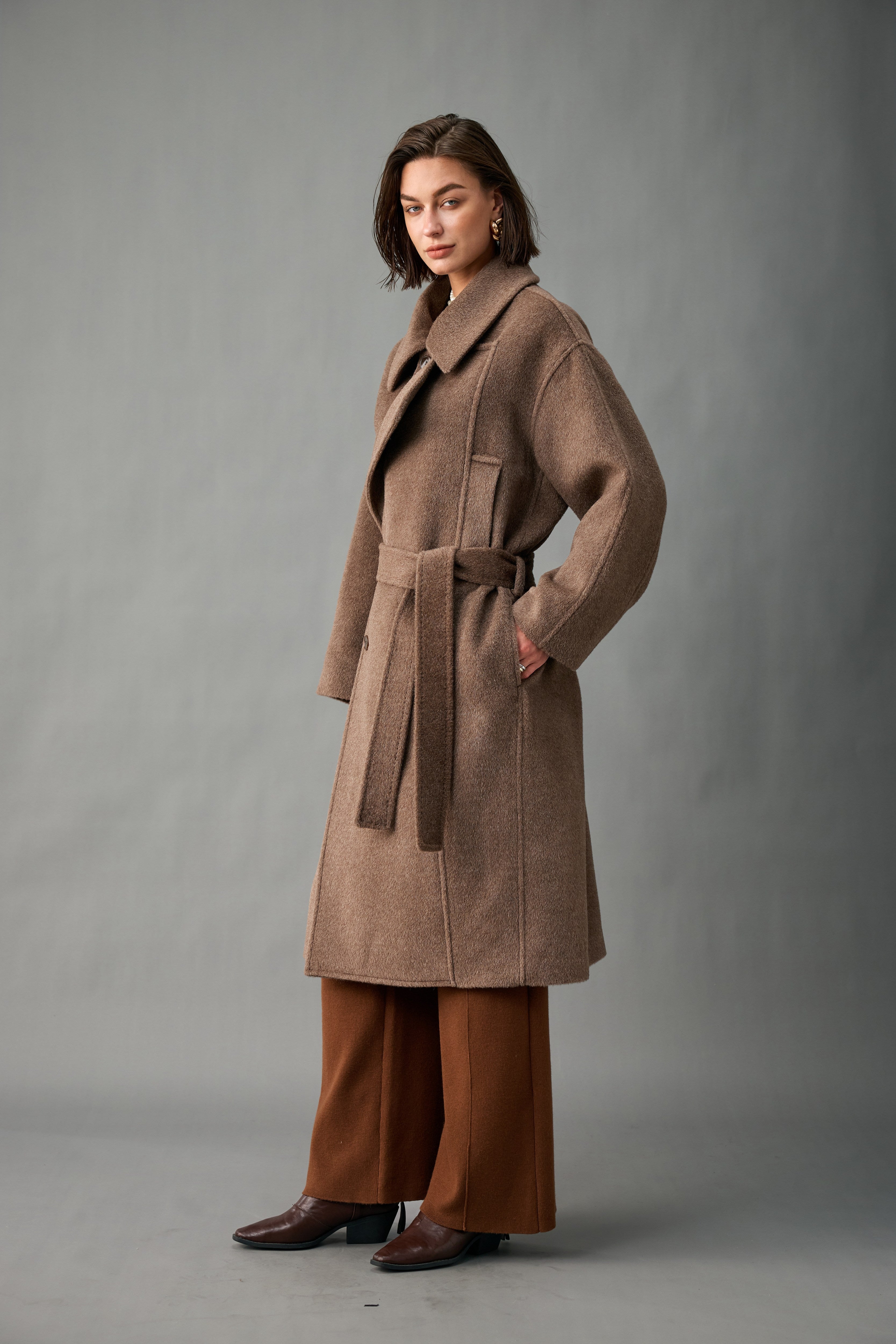 Evelluna Belted Long Coat in Luxury Wool Blend