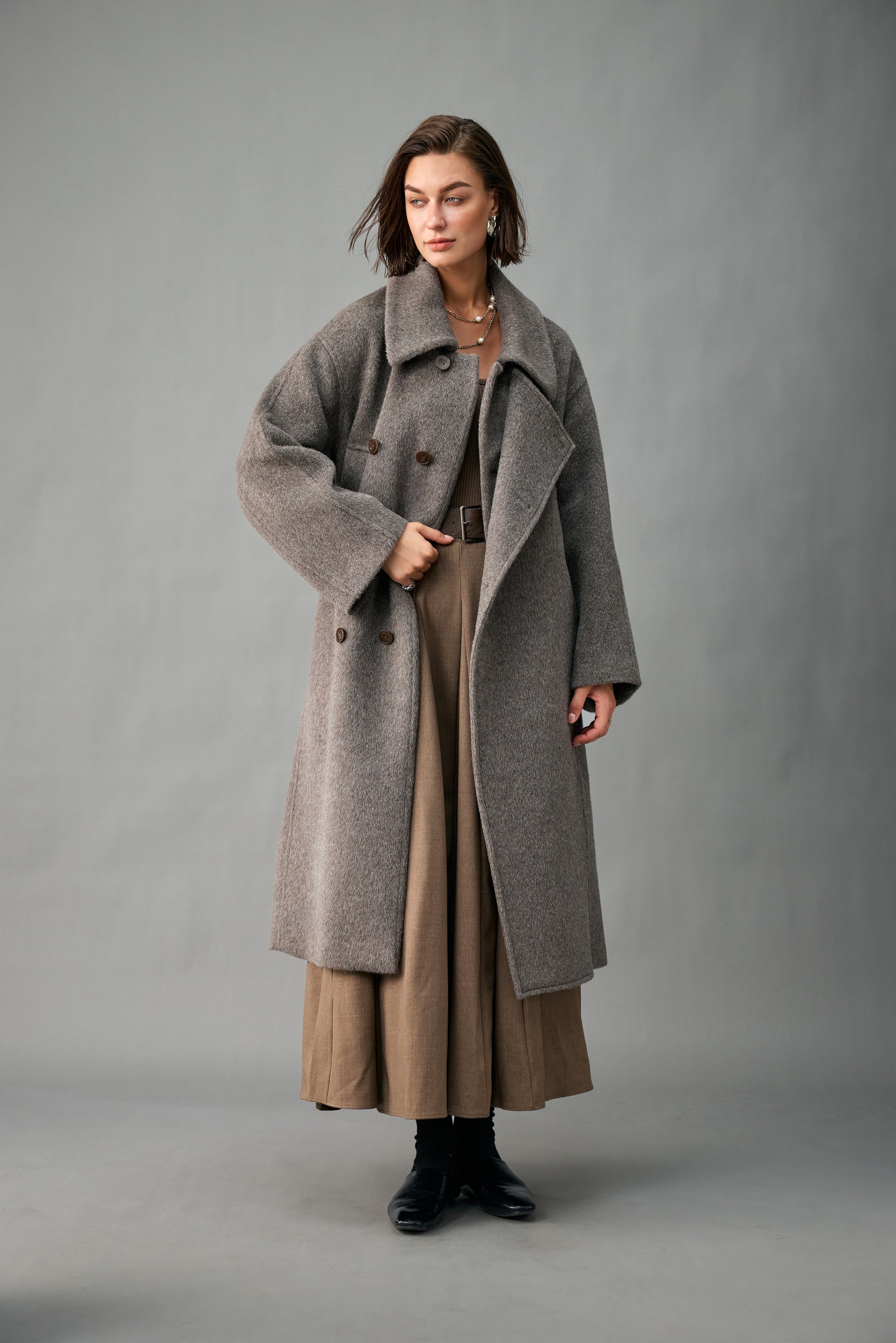 Evelluna Belted Long Coat in Luxury Wool Blend