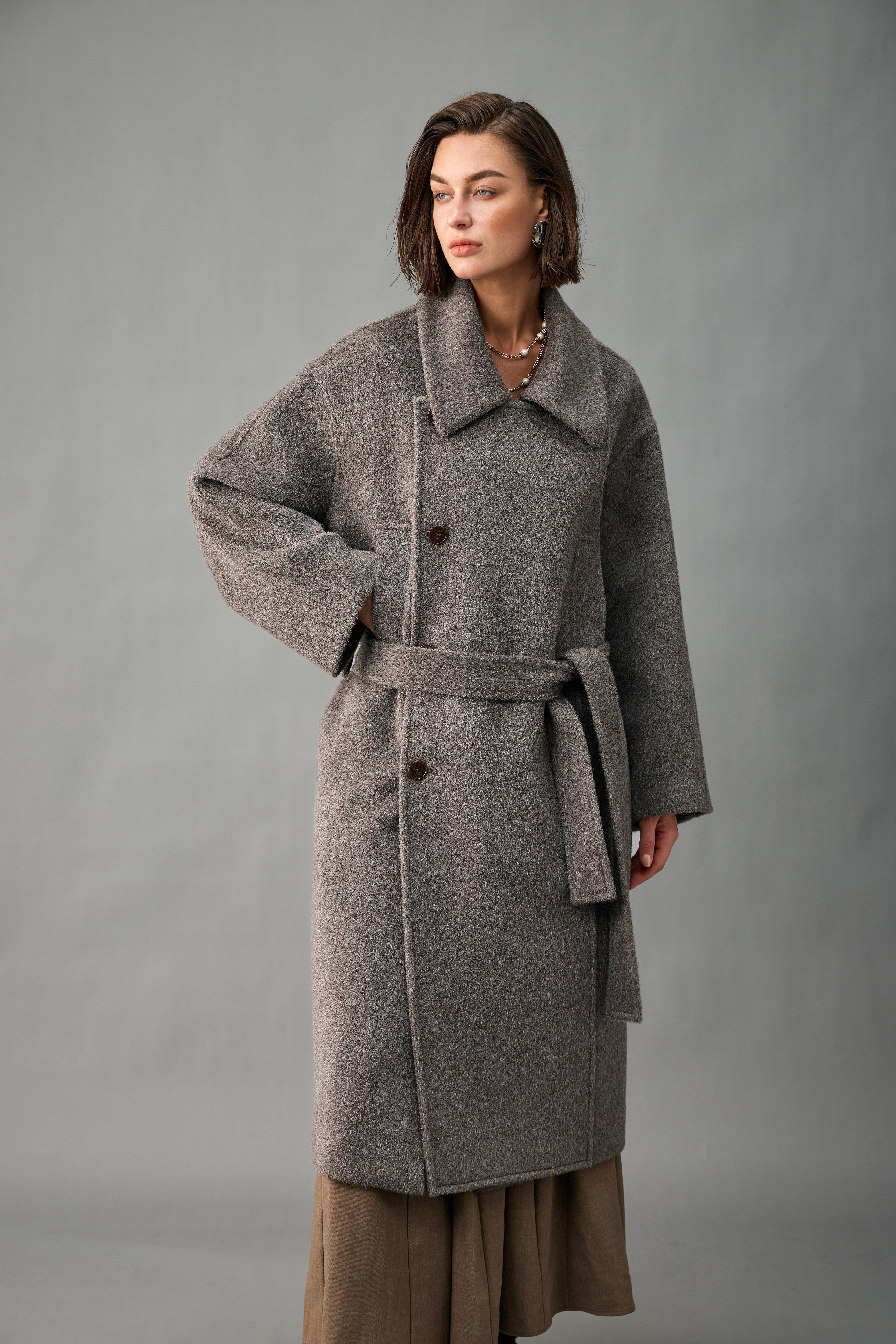 Evelluna Belted Long Coat in Luxury Wool Blend