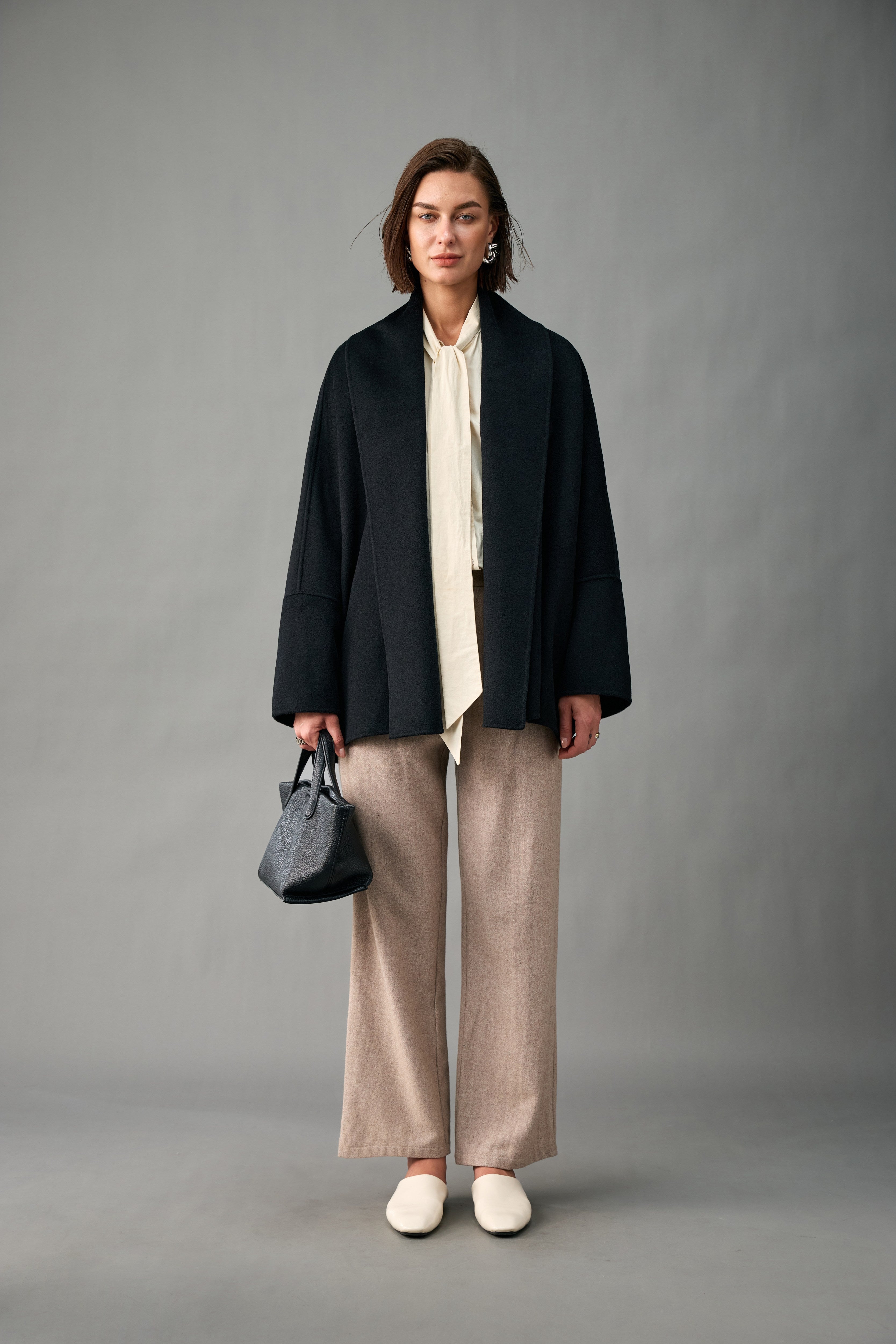 Evelluna Unlined Cashmere Wool Short Coat with Shawl Collar