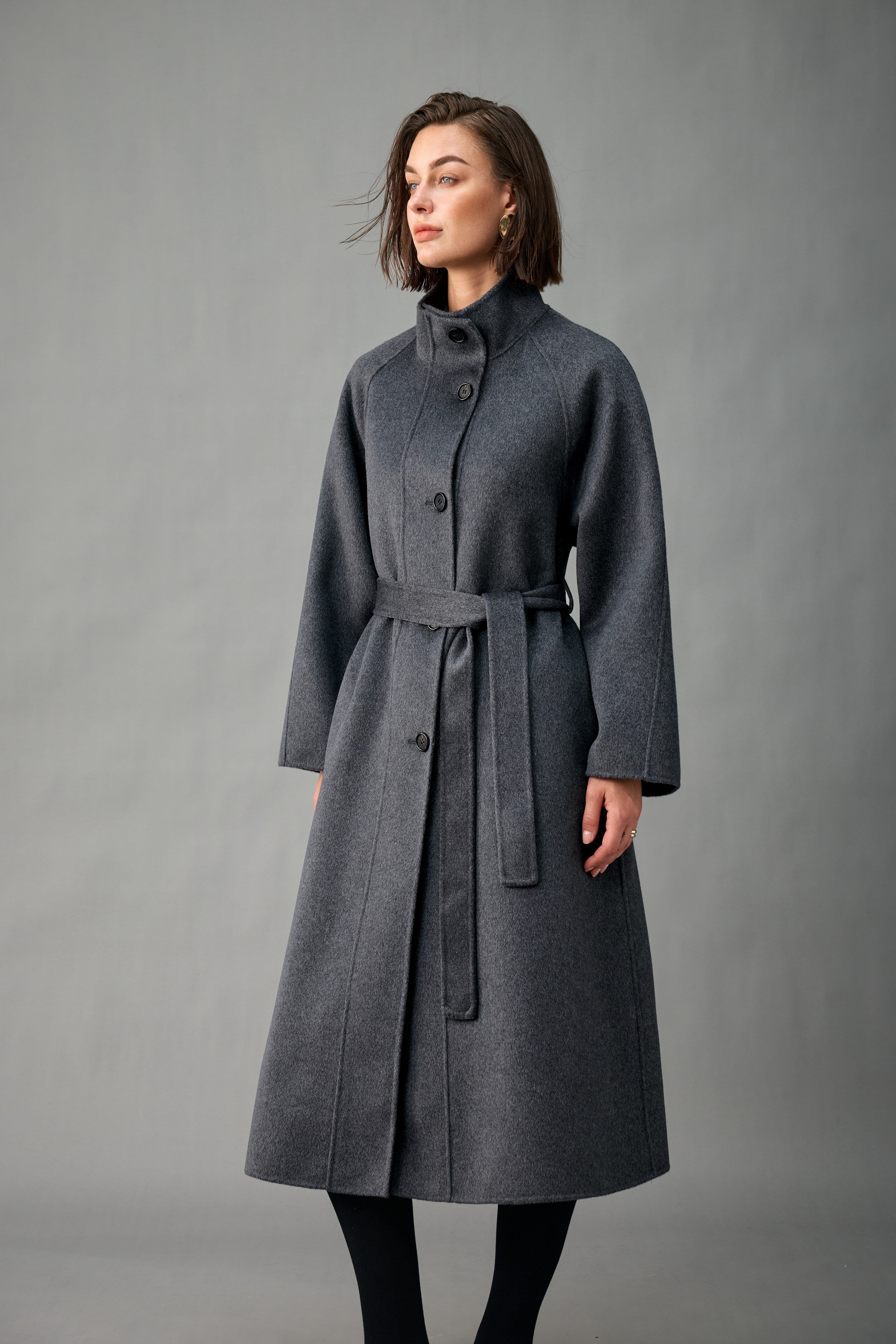 Evelluna Unlined Belted 100% Cashmere Stand-Collar Long Coat