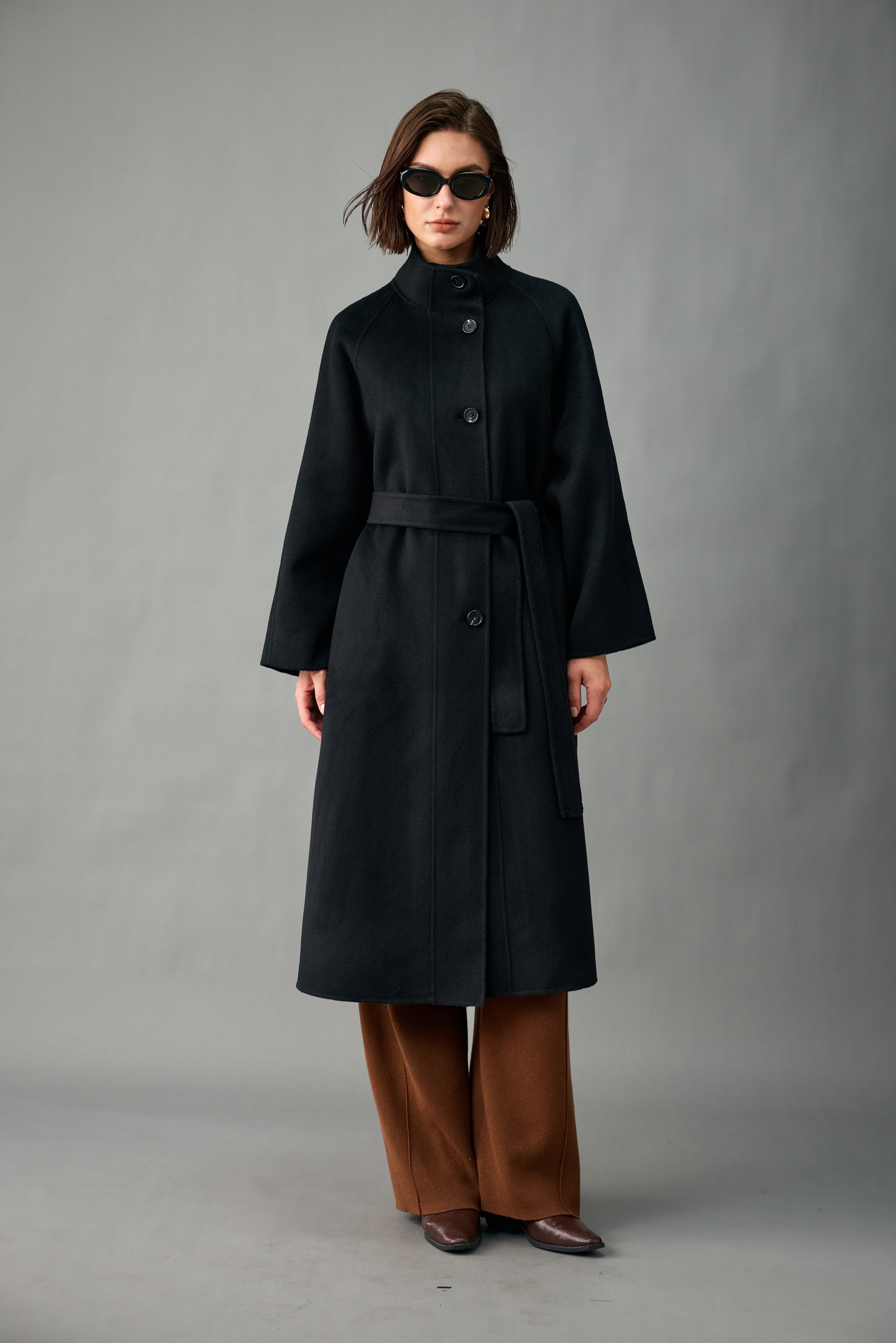 Evelluna Unlined Belted 100% Cashmere Stand-Collar Long Coat