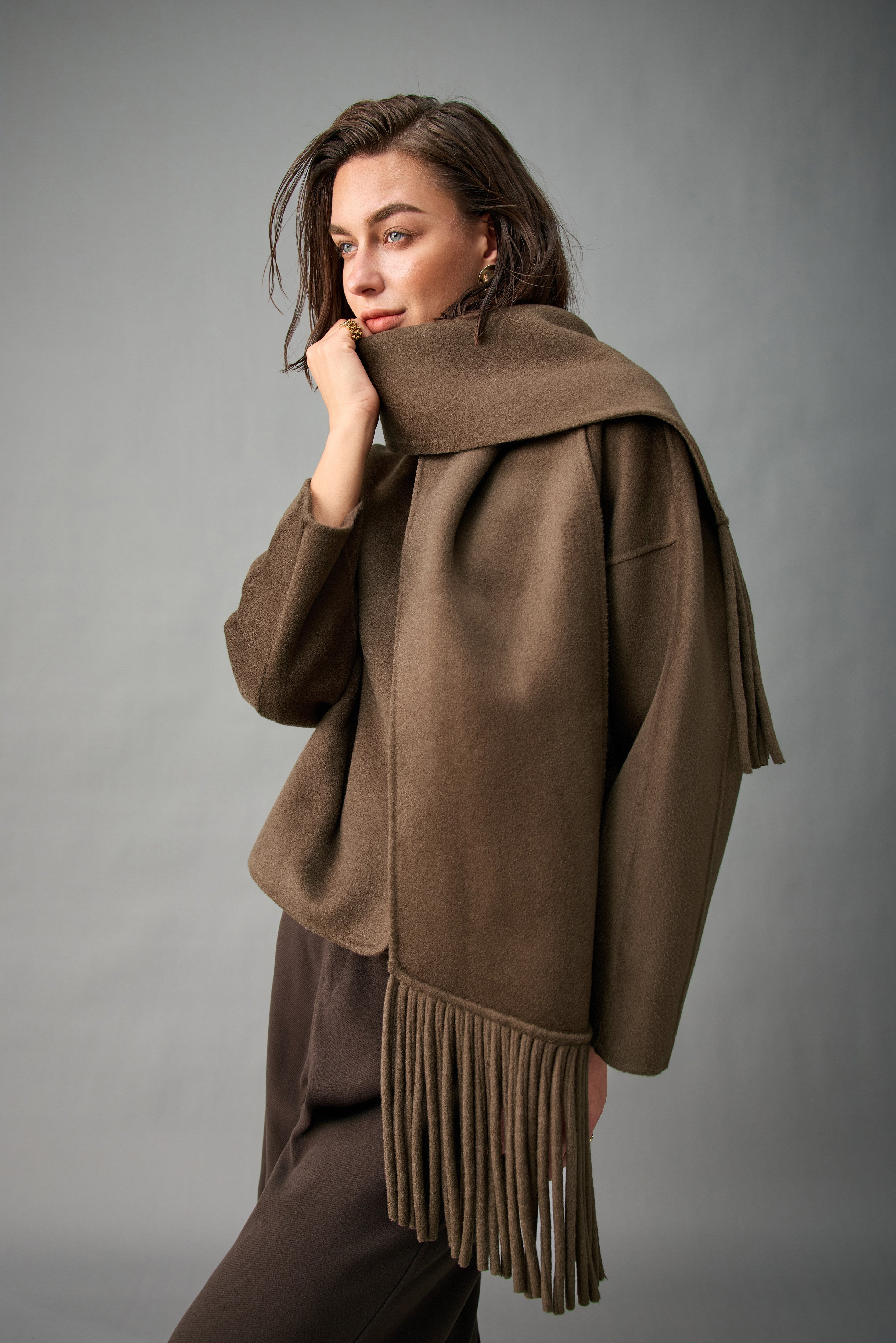Evelluna Unlined 100% Cashmere Cropped Jacket with Matching Fringed Scarf