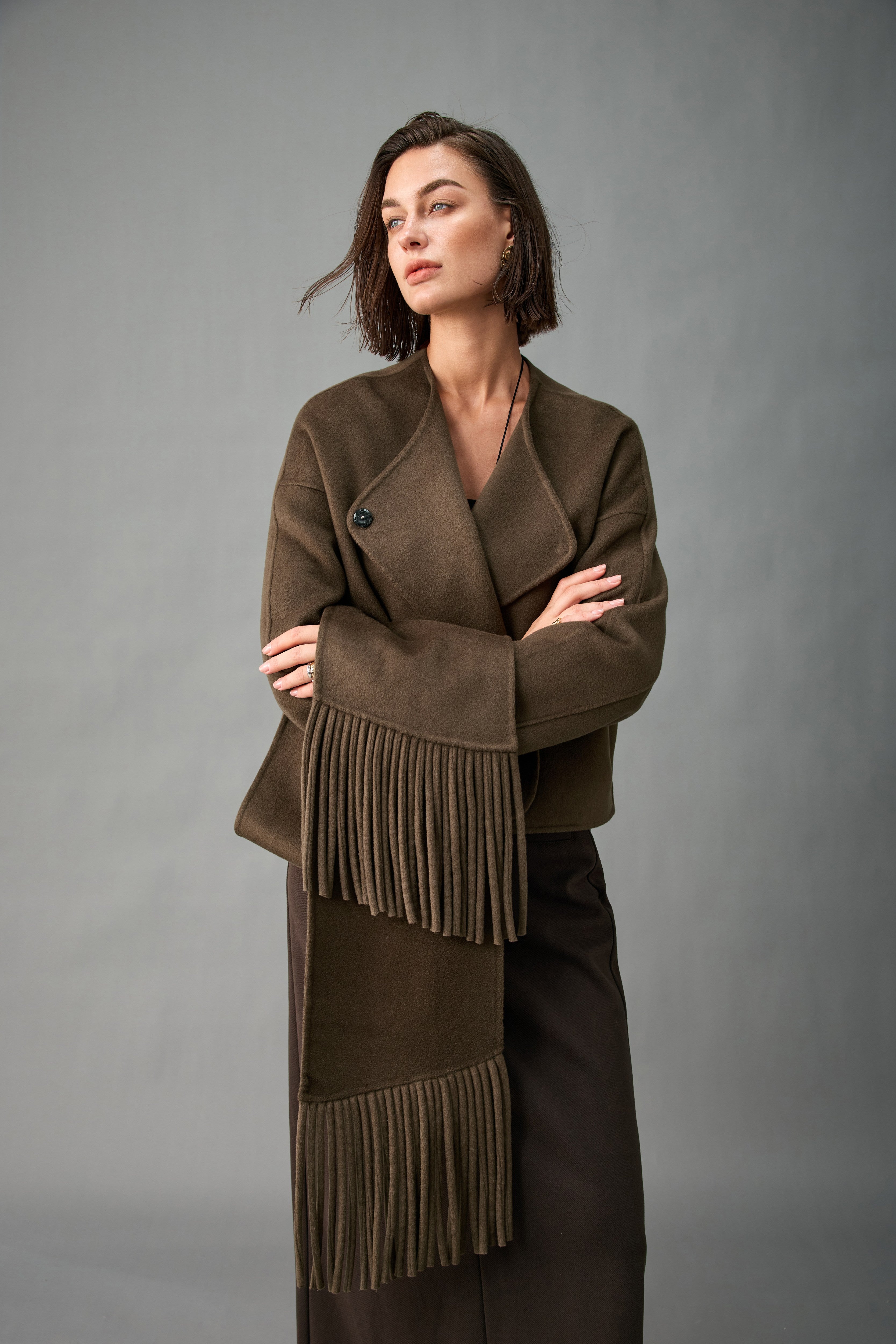 Evelluna Unlined 100% Cashmere Cropped Jacket with Matching Fringed Scarf