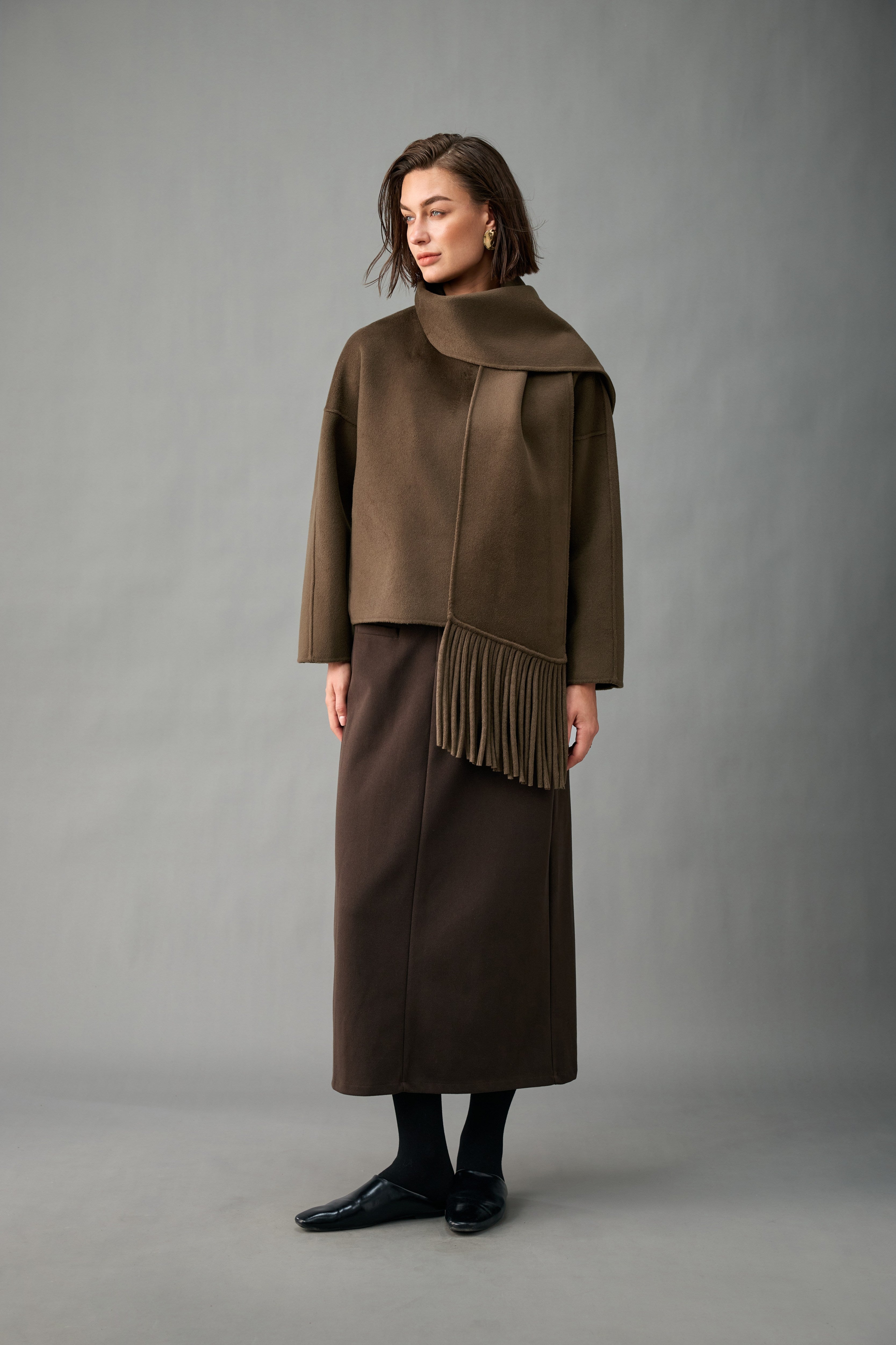 Evelluna Unlined 100% Cashmere Cropped Jacket with Matching Fringed Scarf