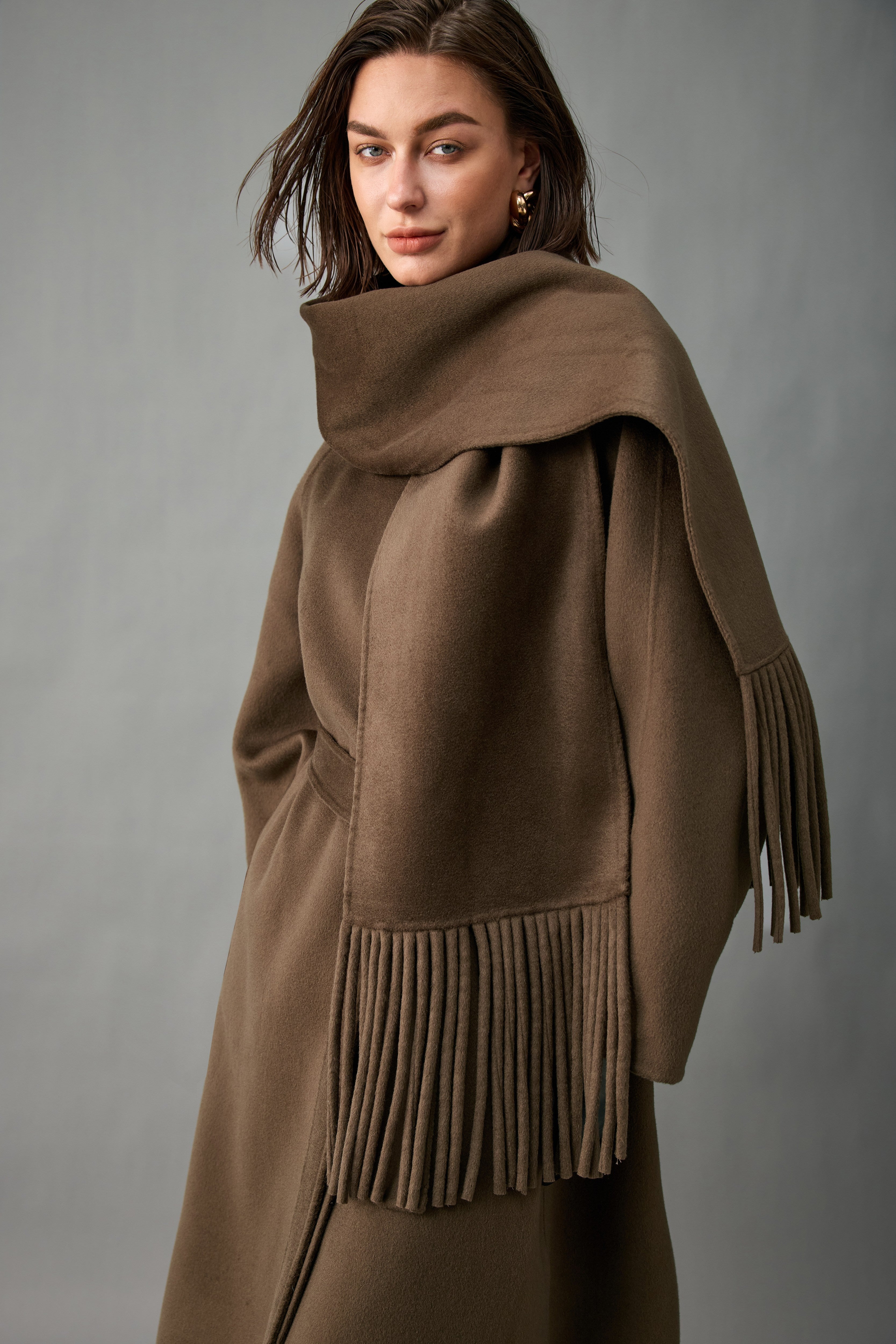 Evelluna Unlined 100% Cashmere Long Coat with Matching Fringed Scarf