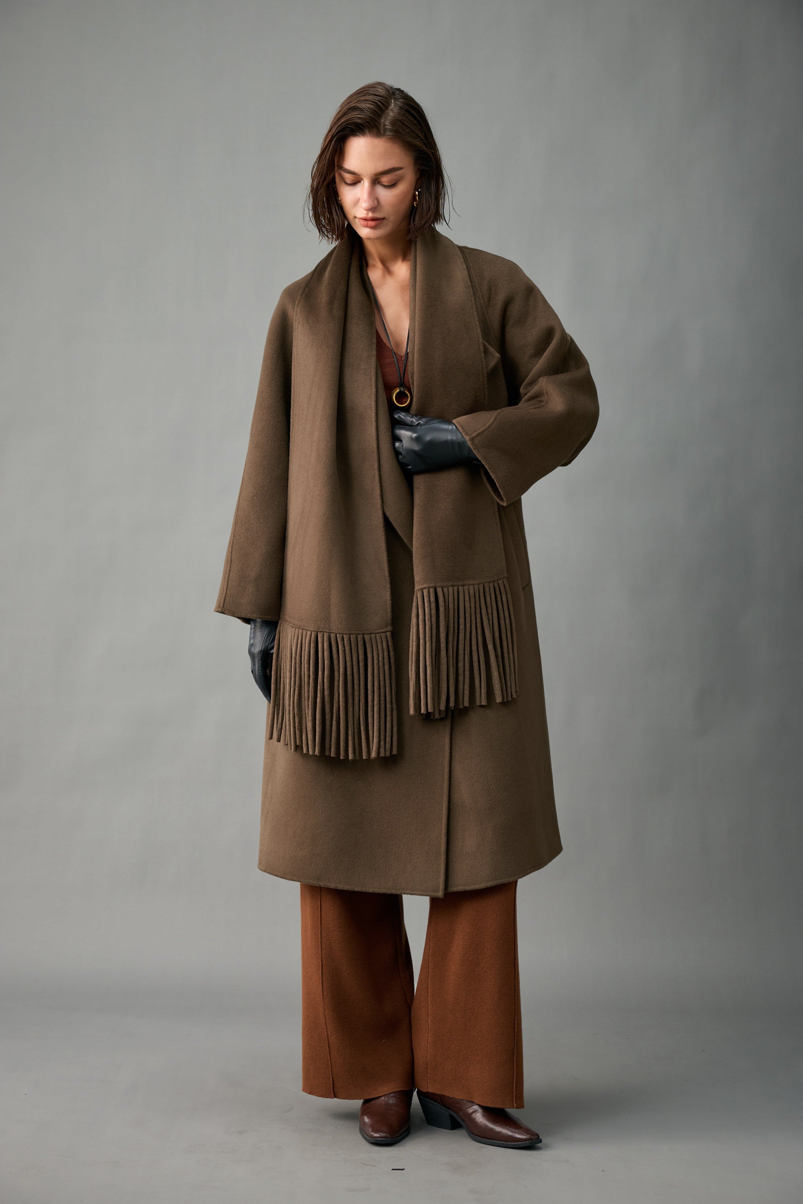 100% Cashmere Long Coat with Fringed Scarf | Evelluna