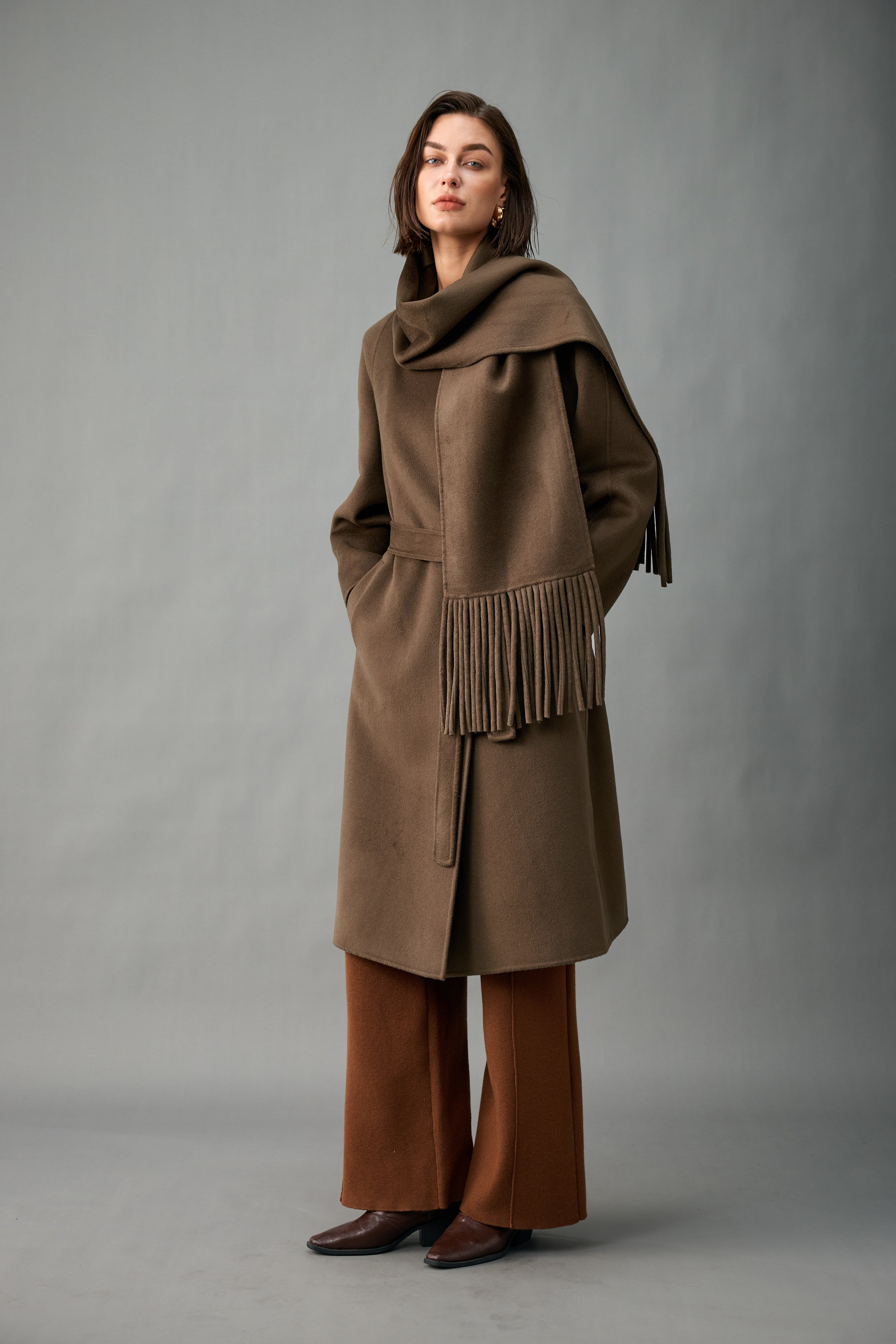 Evelluna Unlined 100% Cashmere Long Coat with Matching Fringed Scarf