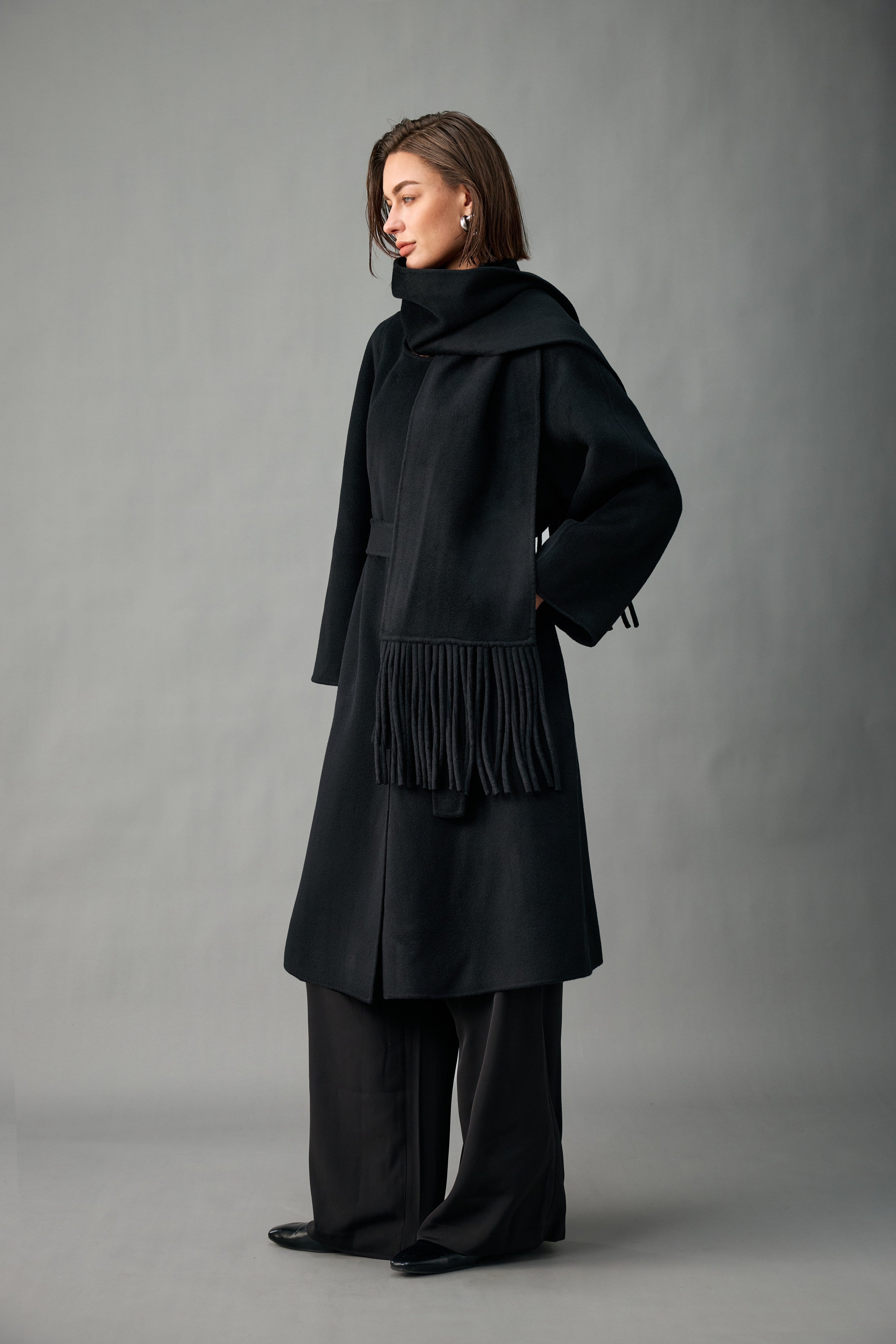 Evelluna Unlined 100% Cashmere Long Coat with Matching Fringed Scarf