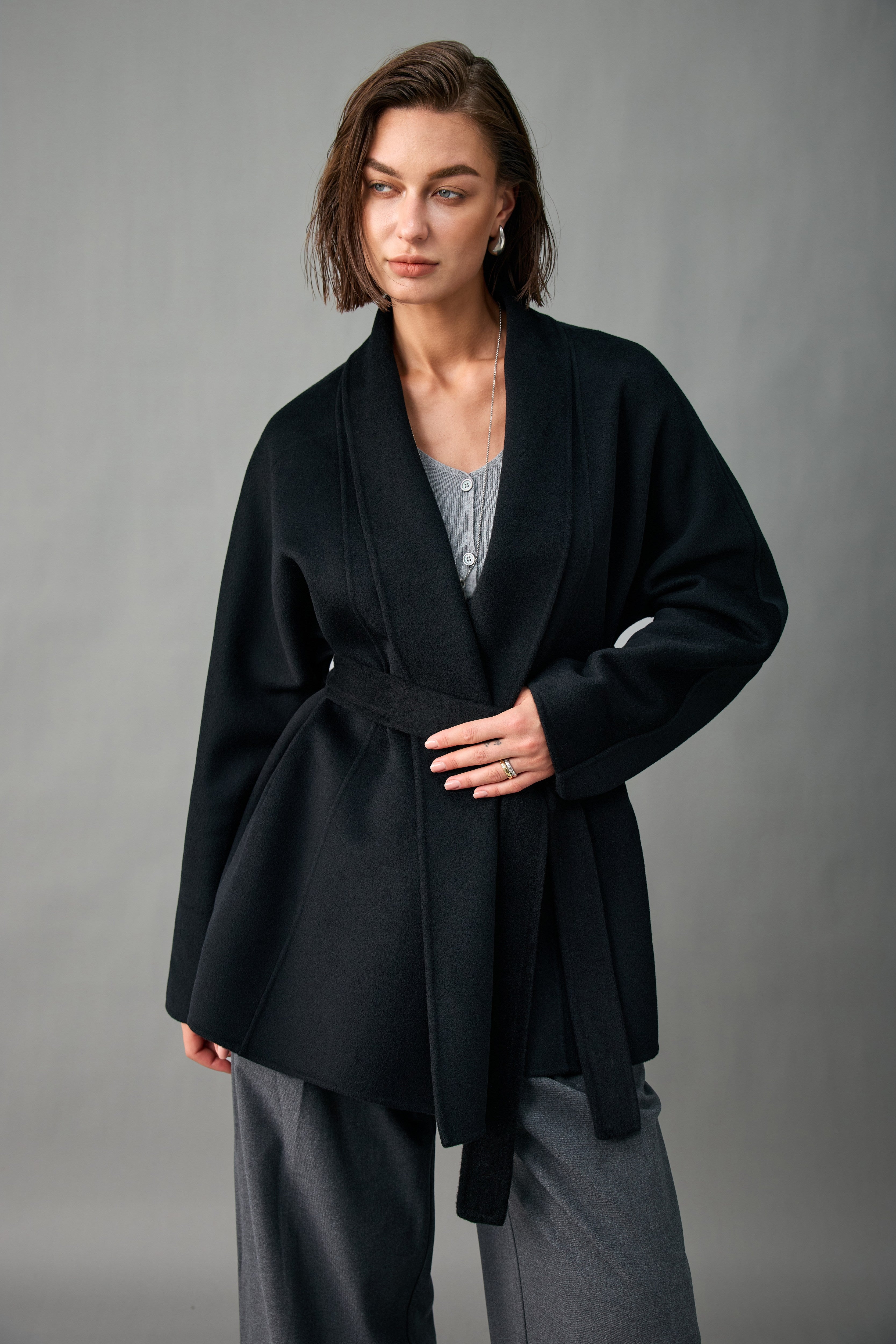 Evelluna Unlined Belted Cashmere Wool Wrap Coat