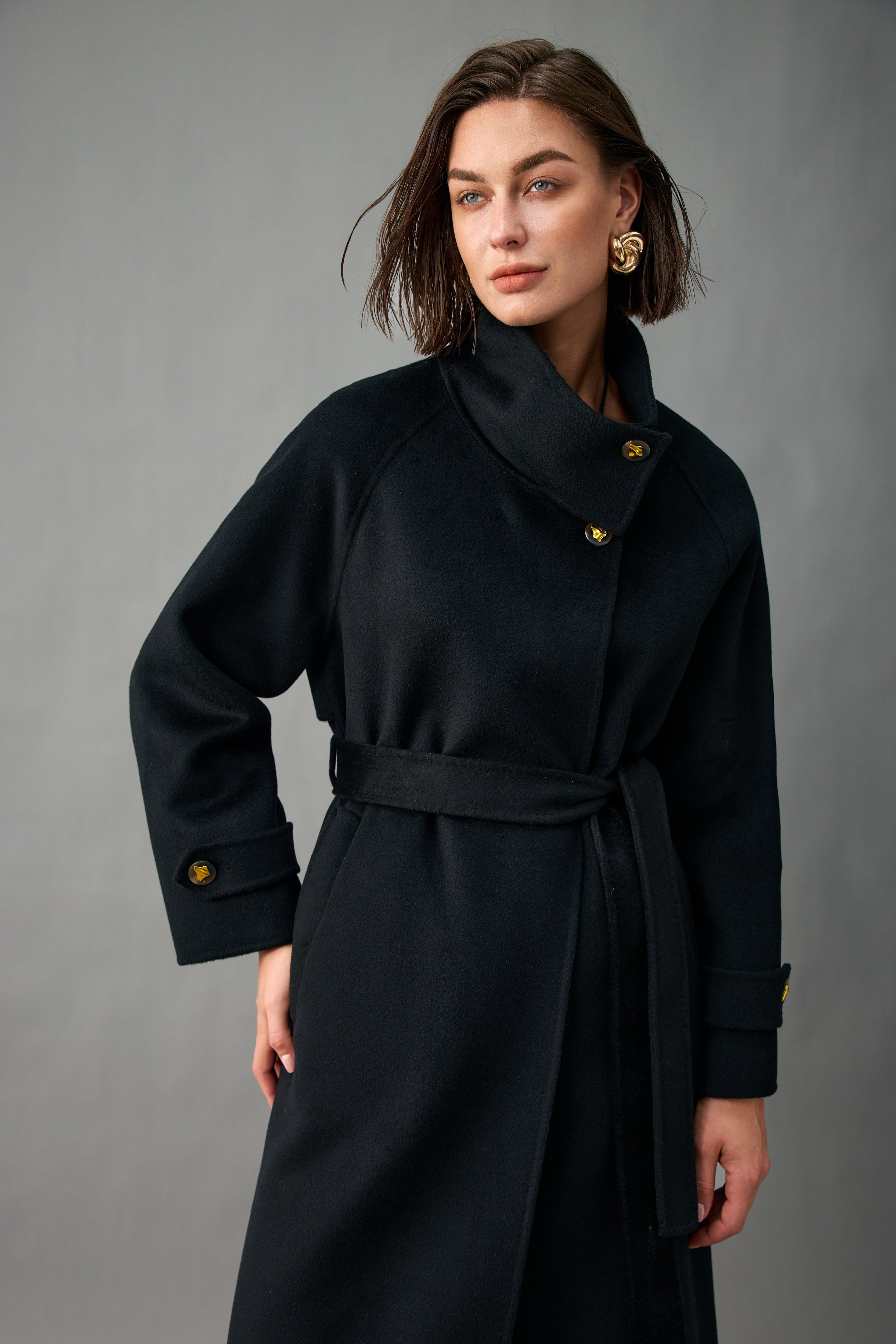 Unlined Cashmere Wool Funnel-Neck Long Coat