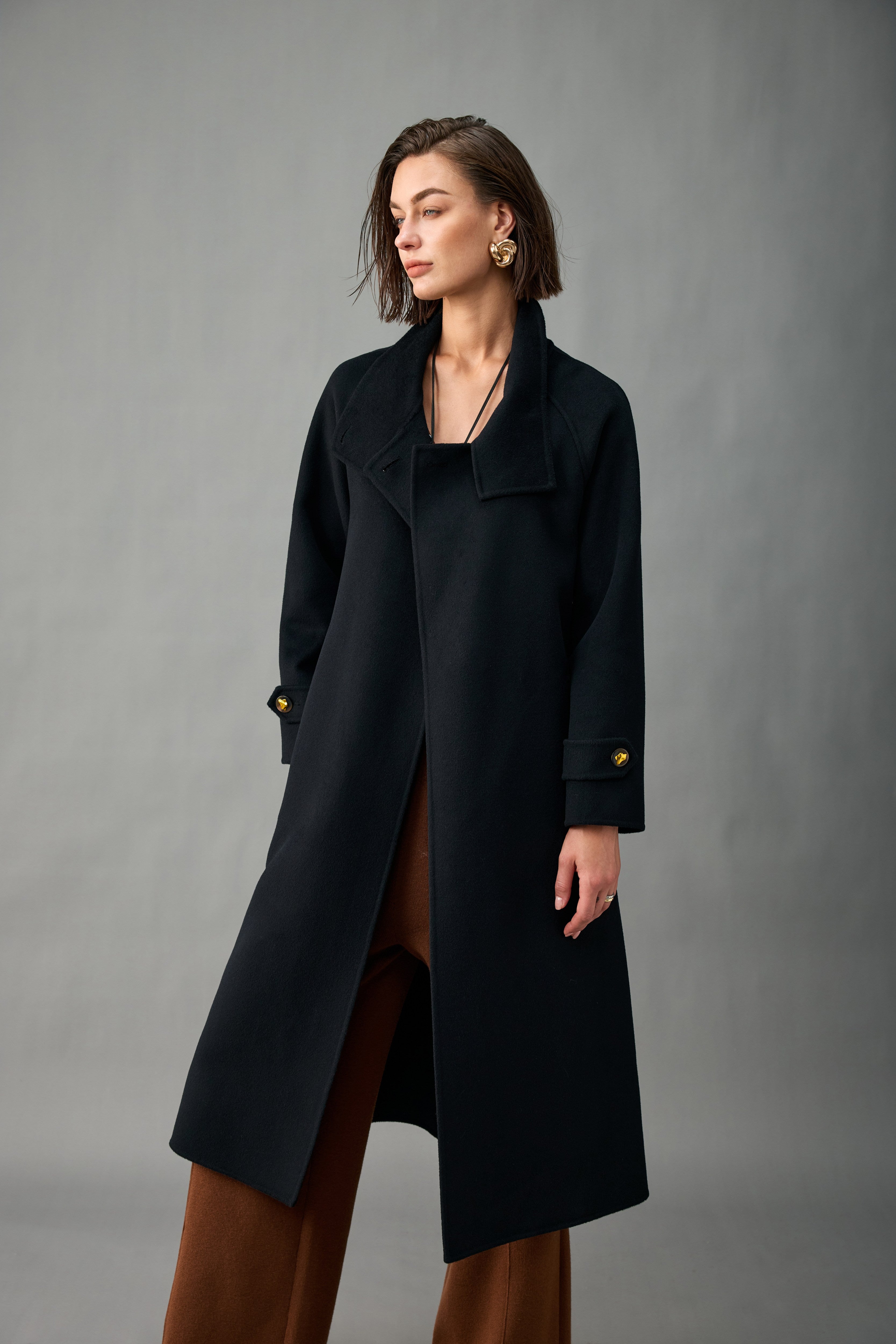 Unlined Cashmere Wool Funnel-Neck Long Coat