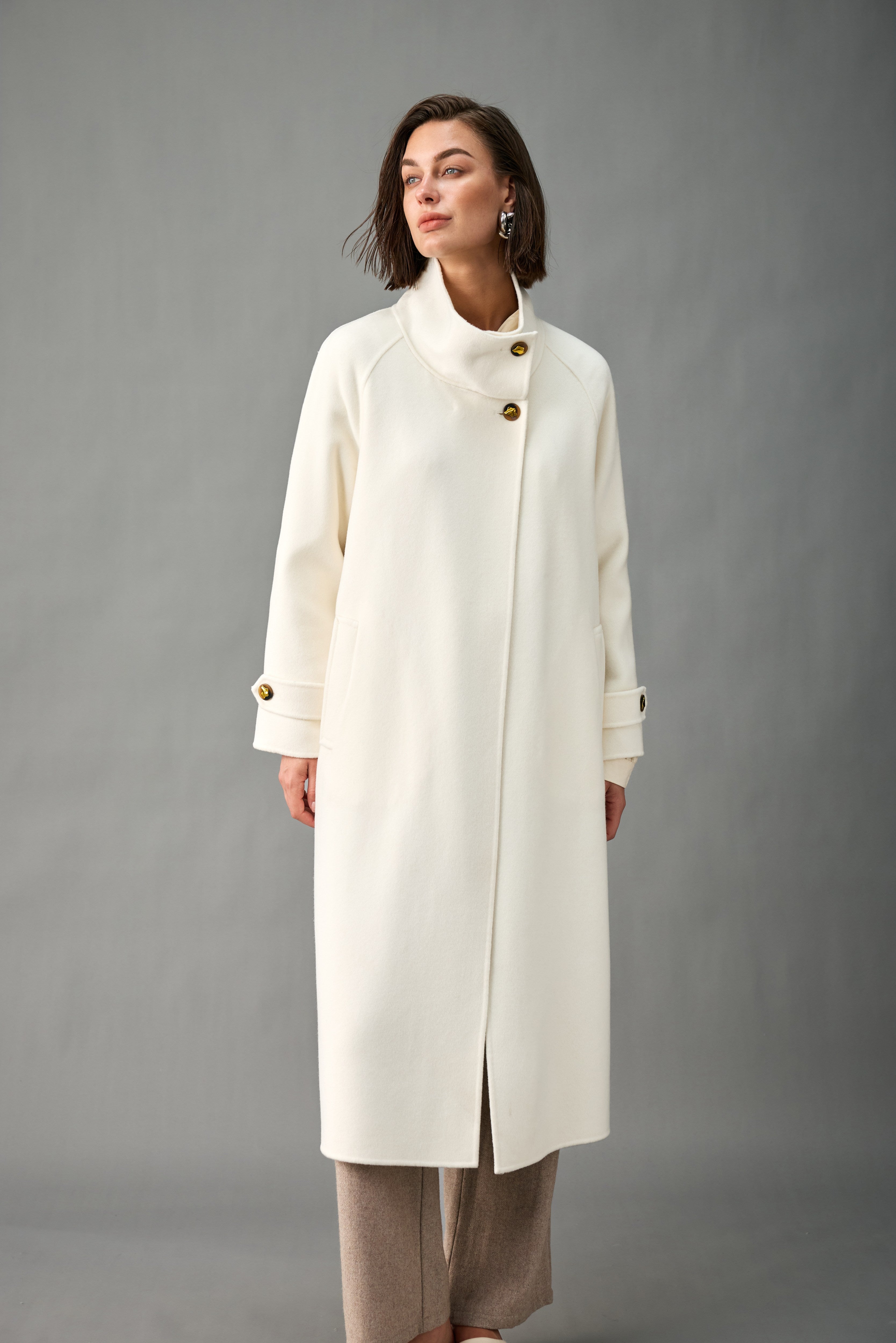 Unlined Cashmere Wool Funnel-Neck Long Coat