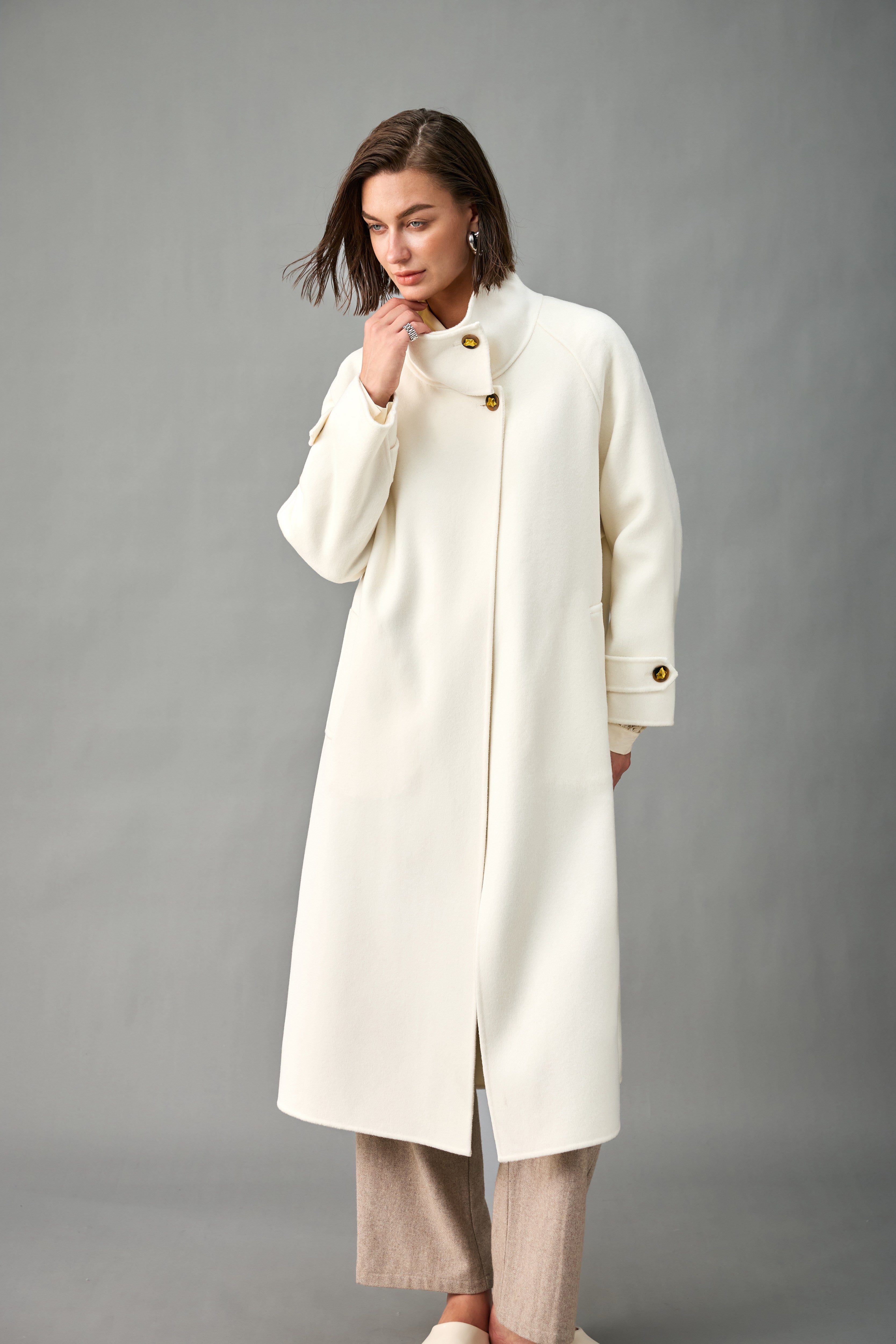 Unlined Cashmere Wool Funnel-Neck Long Coat