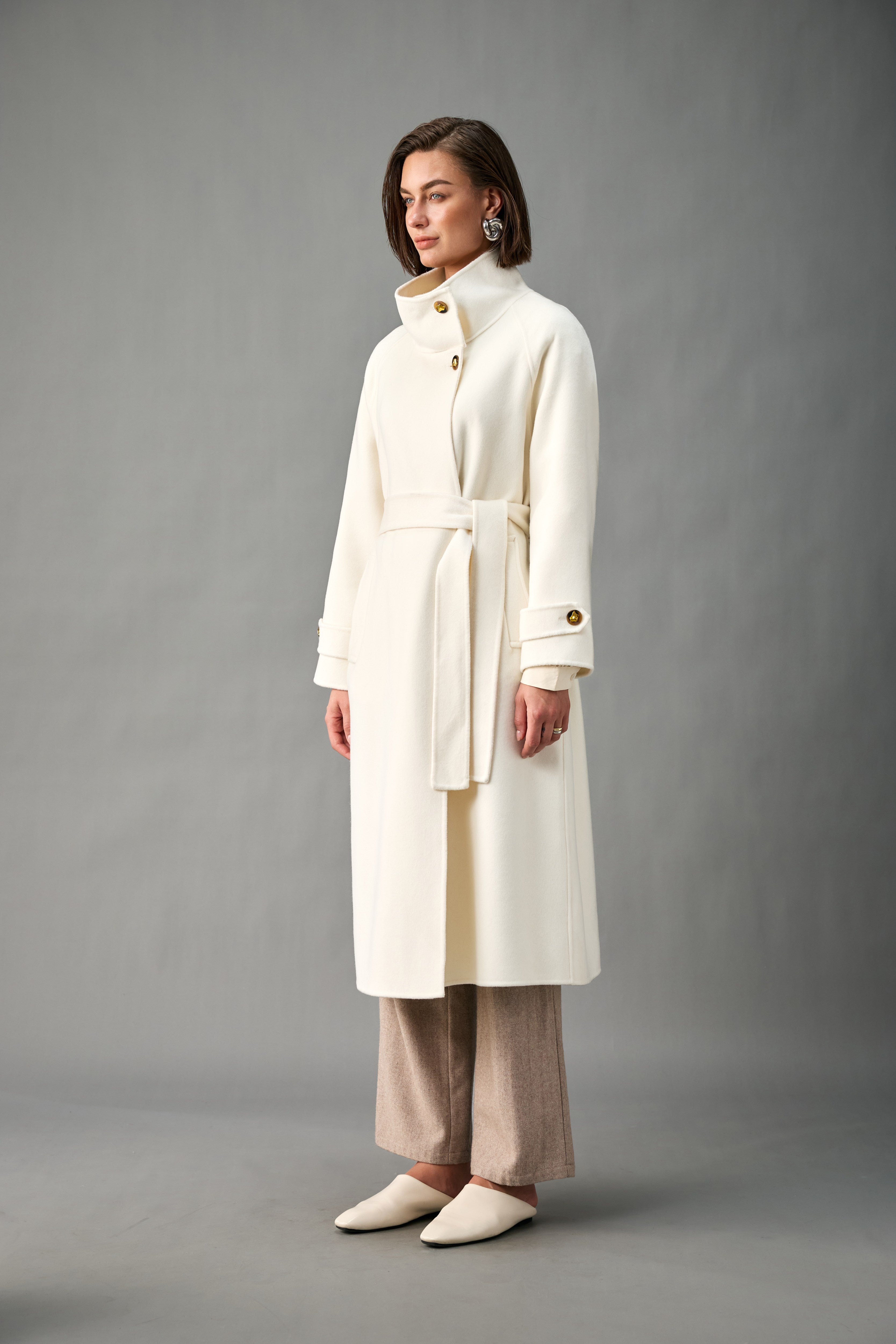 Unlined Cashmere Wool Funnel-Neck Long Coat