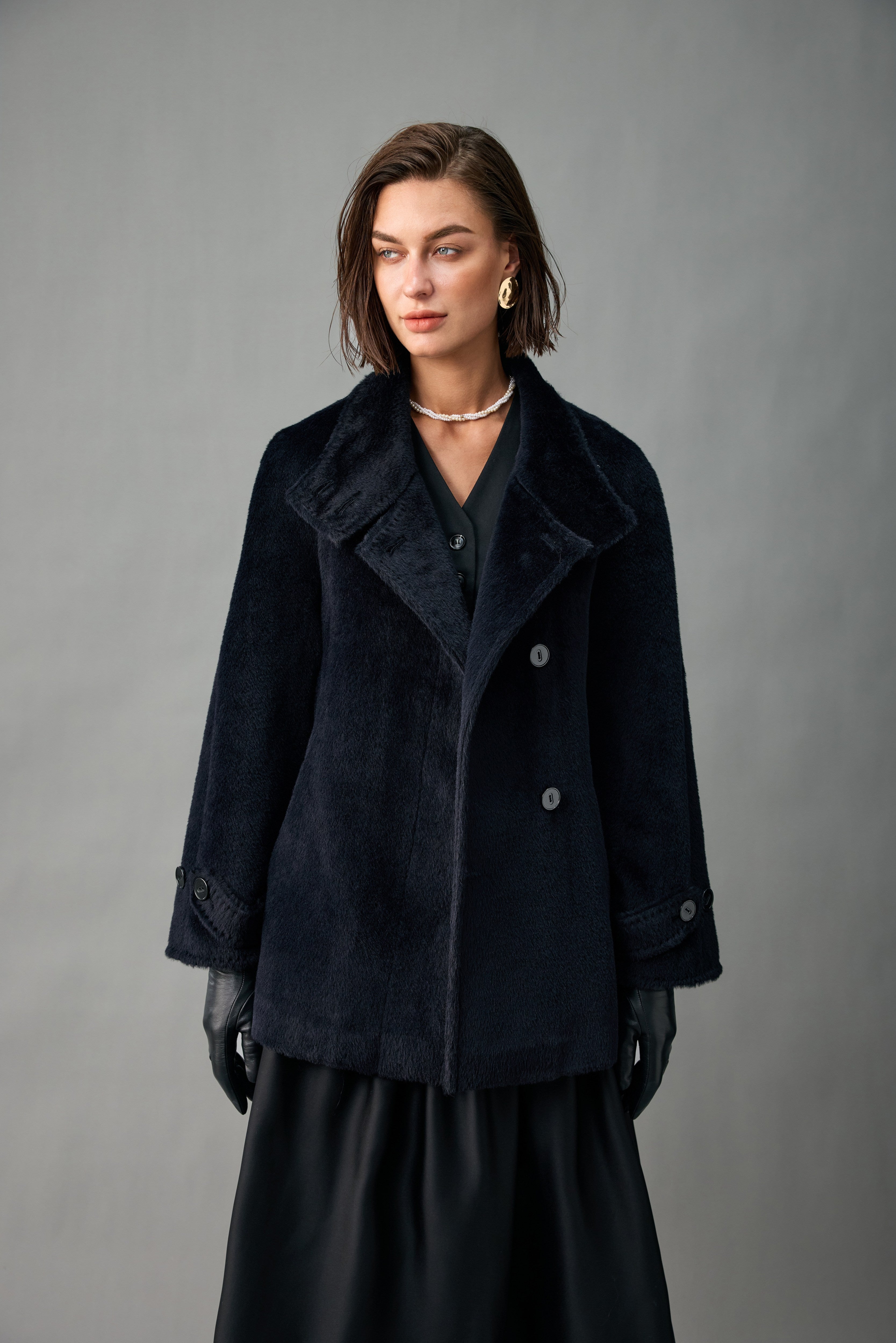 Belted Alpaca Blend Short Coat with Convertible Stand Collar