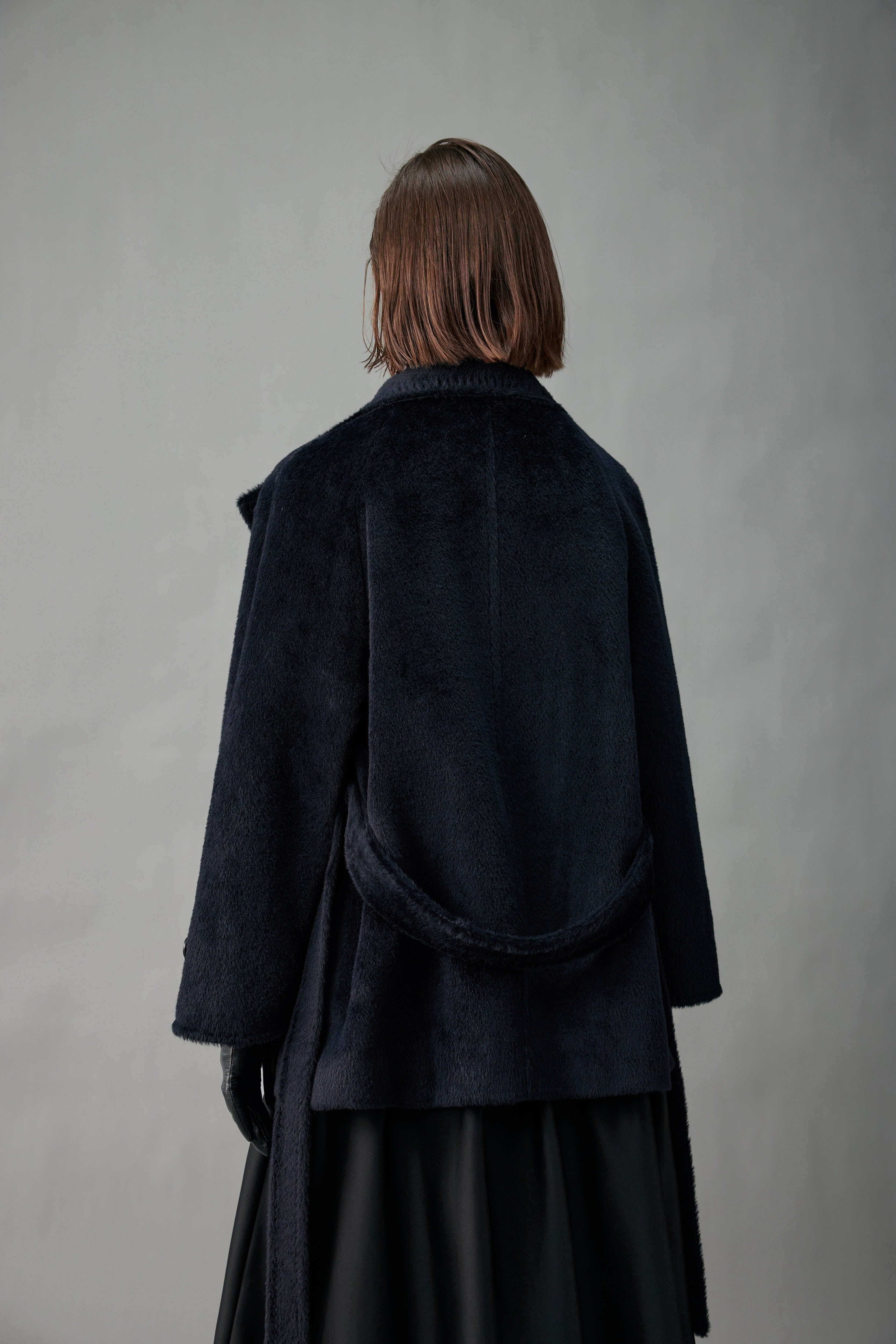 Belted Alpaca Blend Short Coat with Convertible Stand Collar