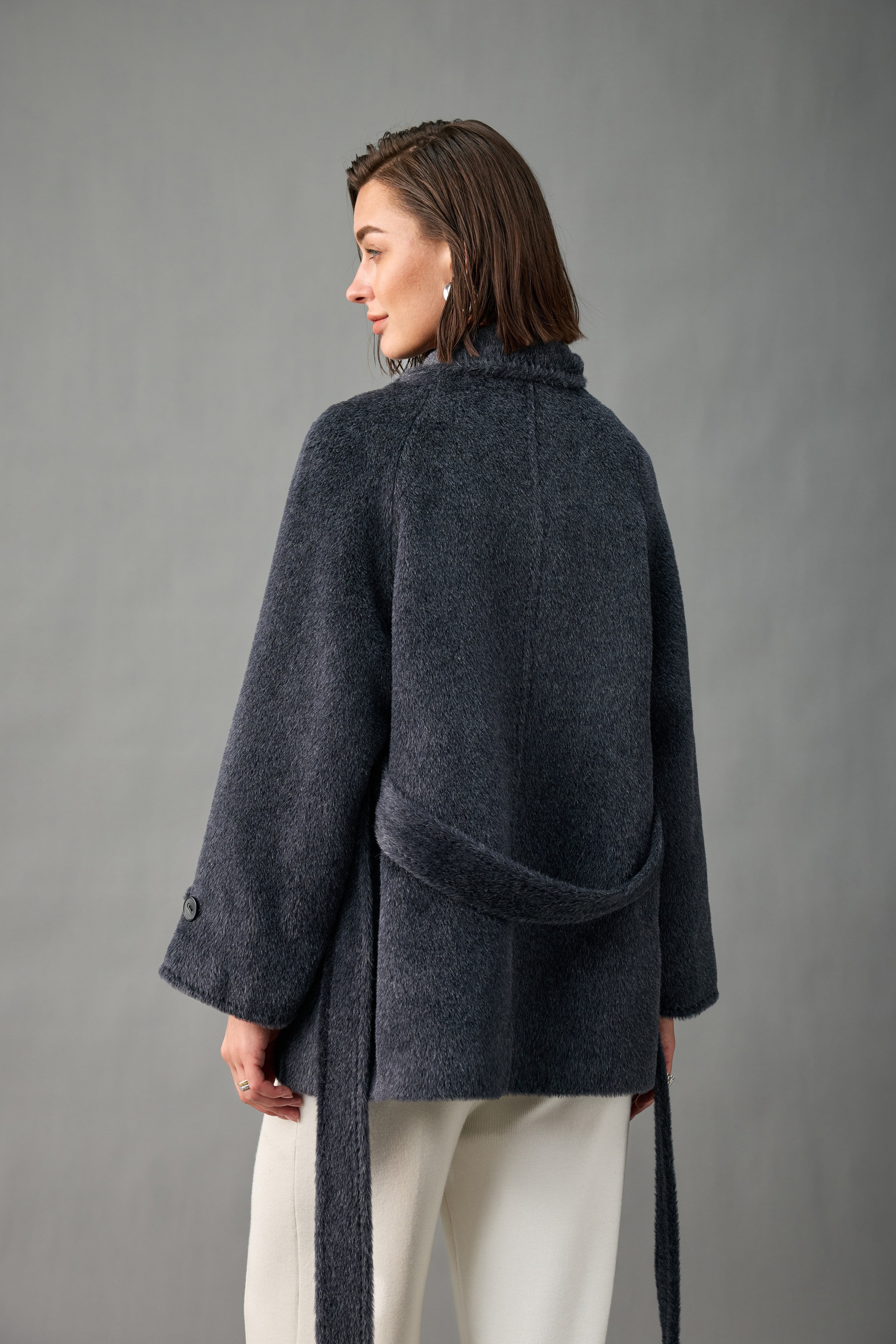 Belted Alpaca Blend Short Coat with Convertible Stand Collar