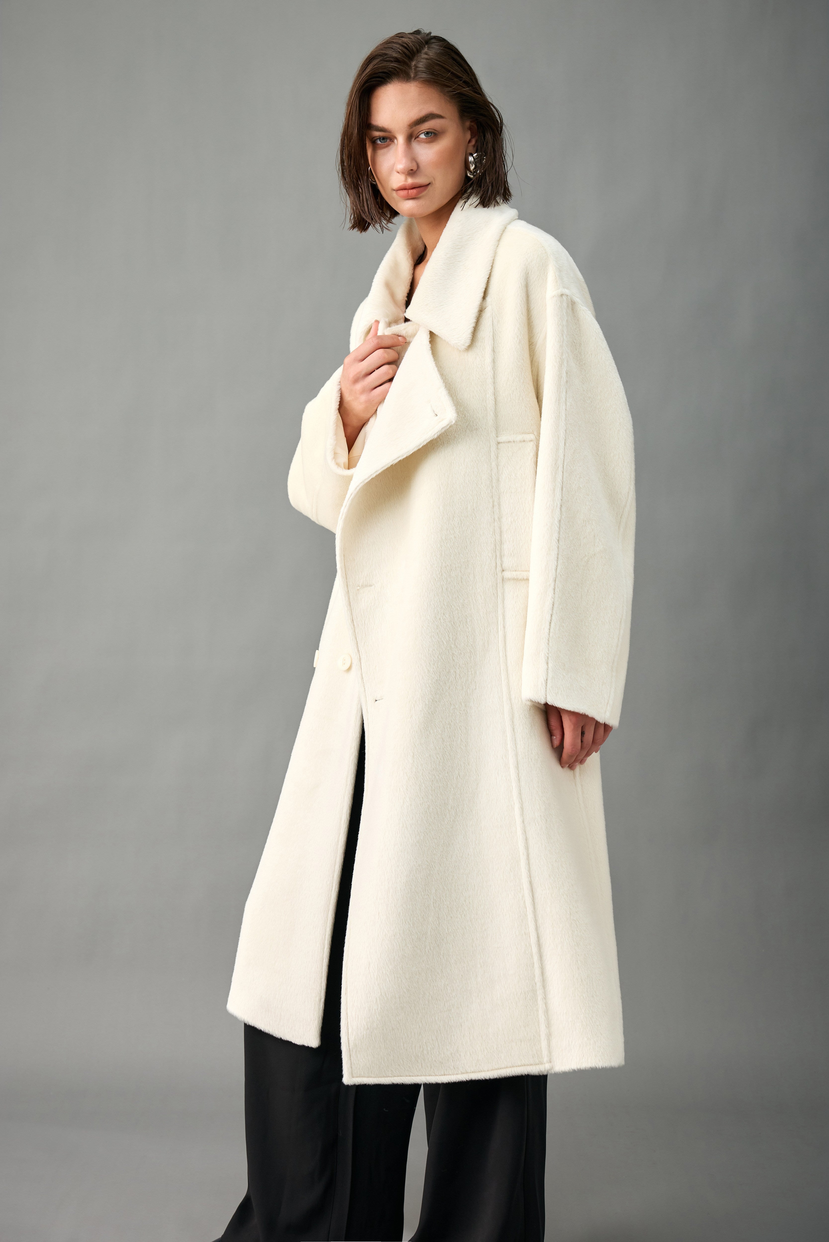 Convertible Collar Double-Breasted Alpaca-Wool Coat