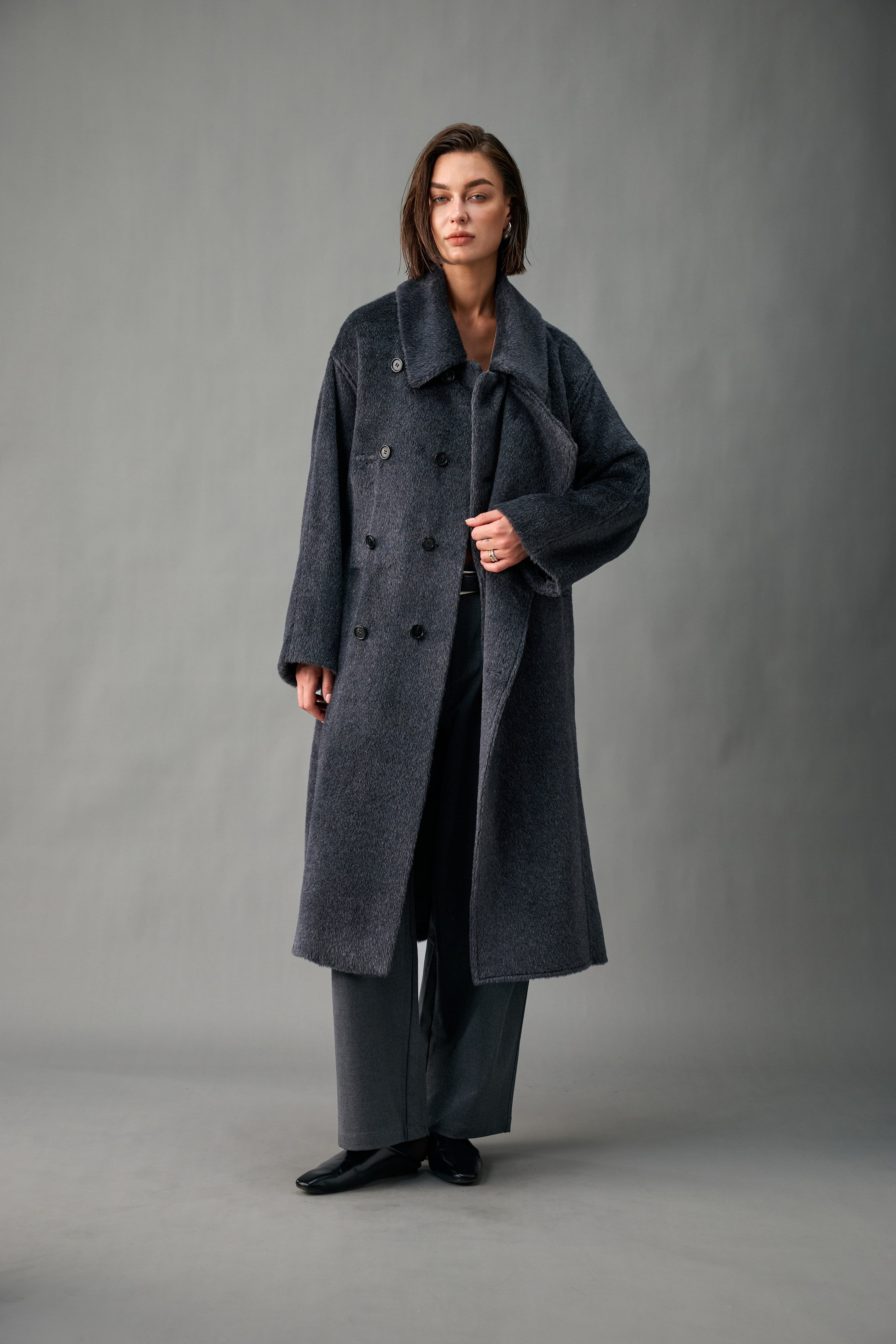 Convertible Collar Double-Breasted Alpaca-Wool Coat
