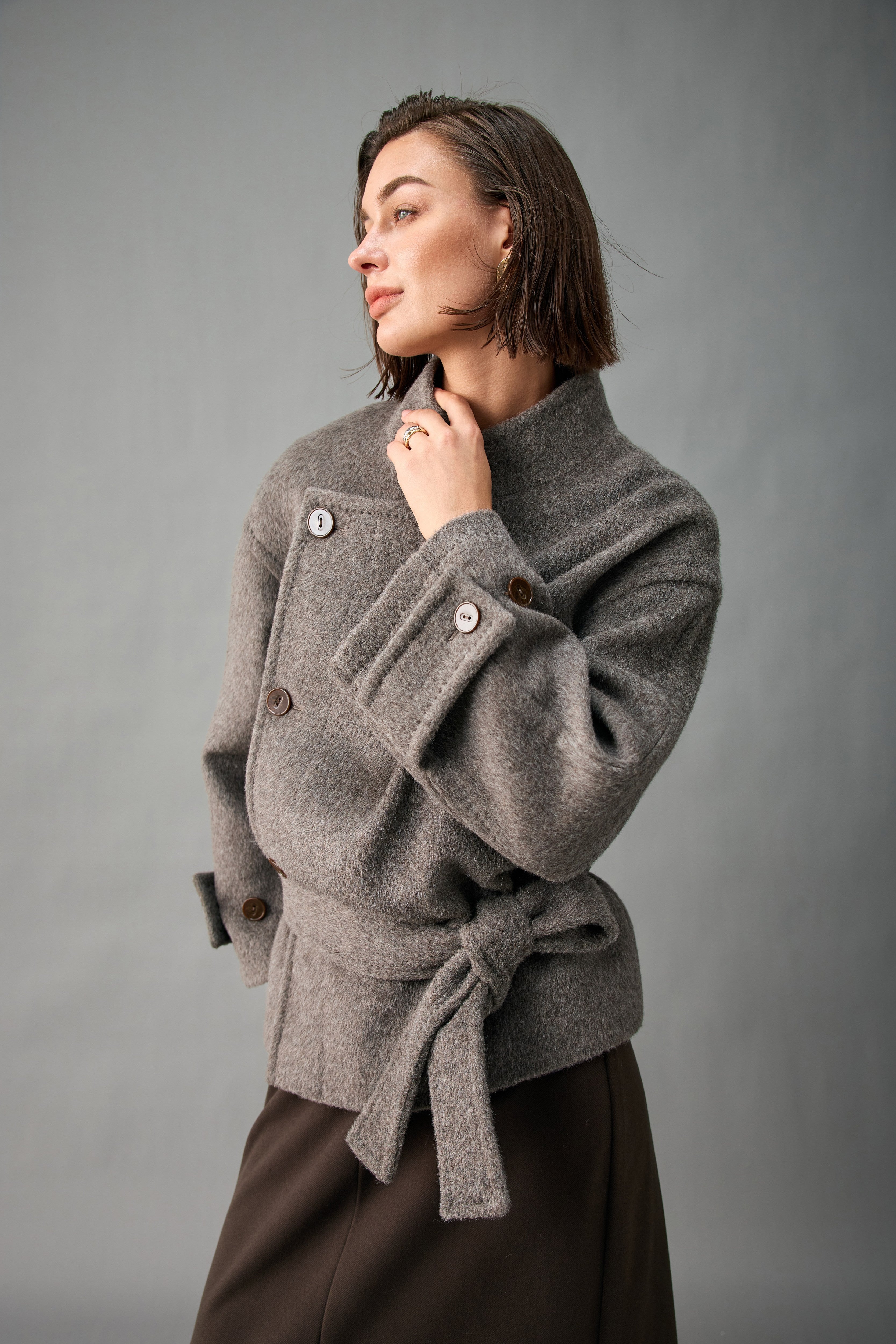 Short Asymmetric Belted Alpaca-Wool Coat