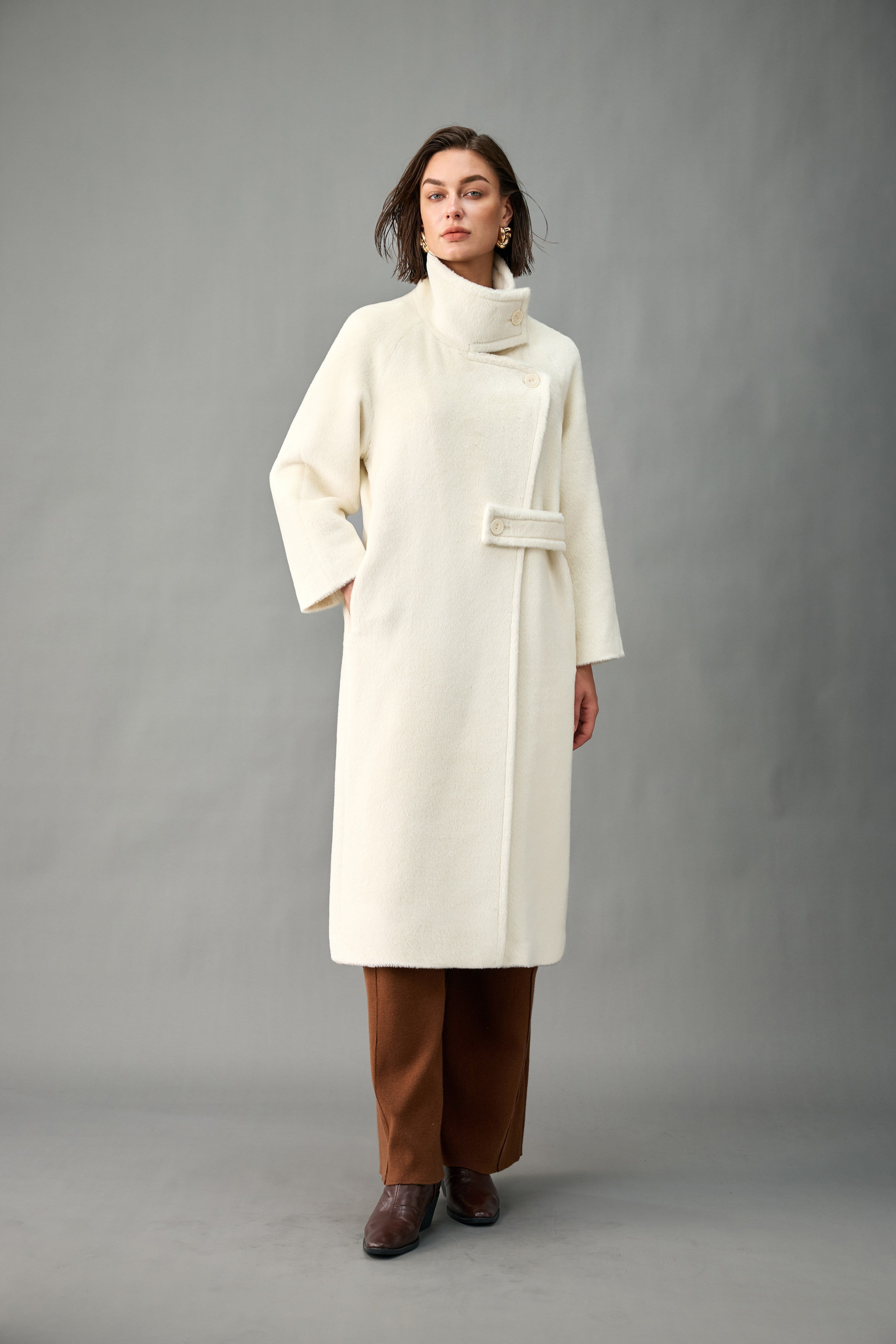 Asymmetric Stand Collar Alpaca-Wool Coat for Women