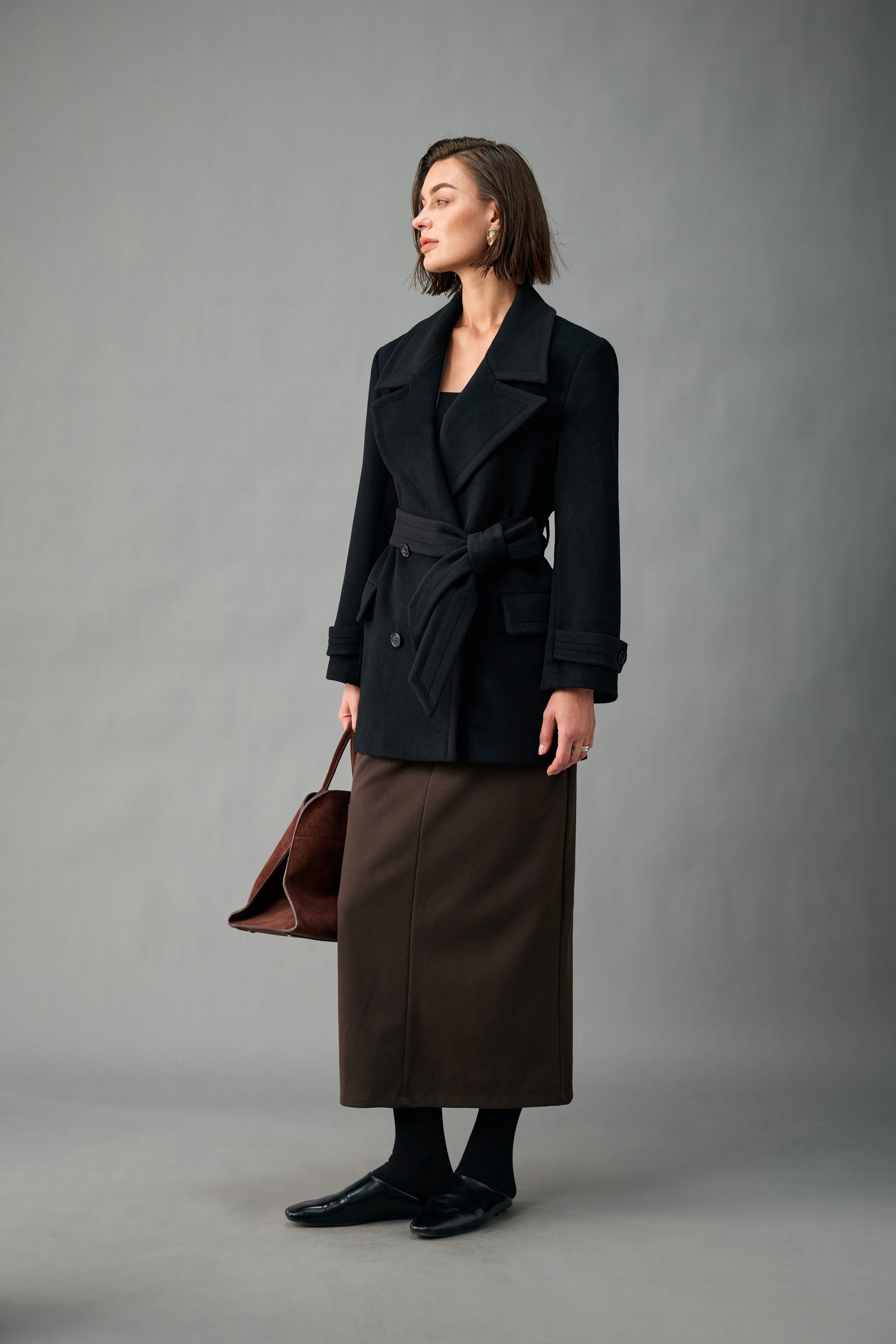 Belted Double-Breasted Cashmere Short Coat